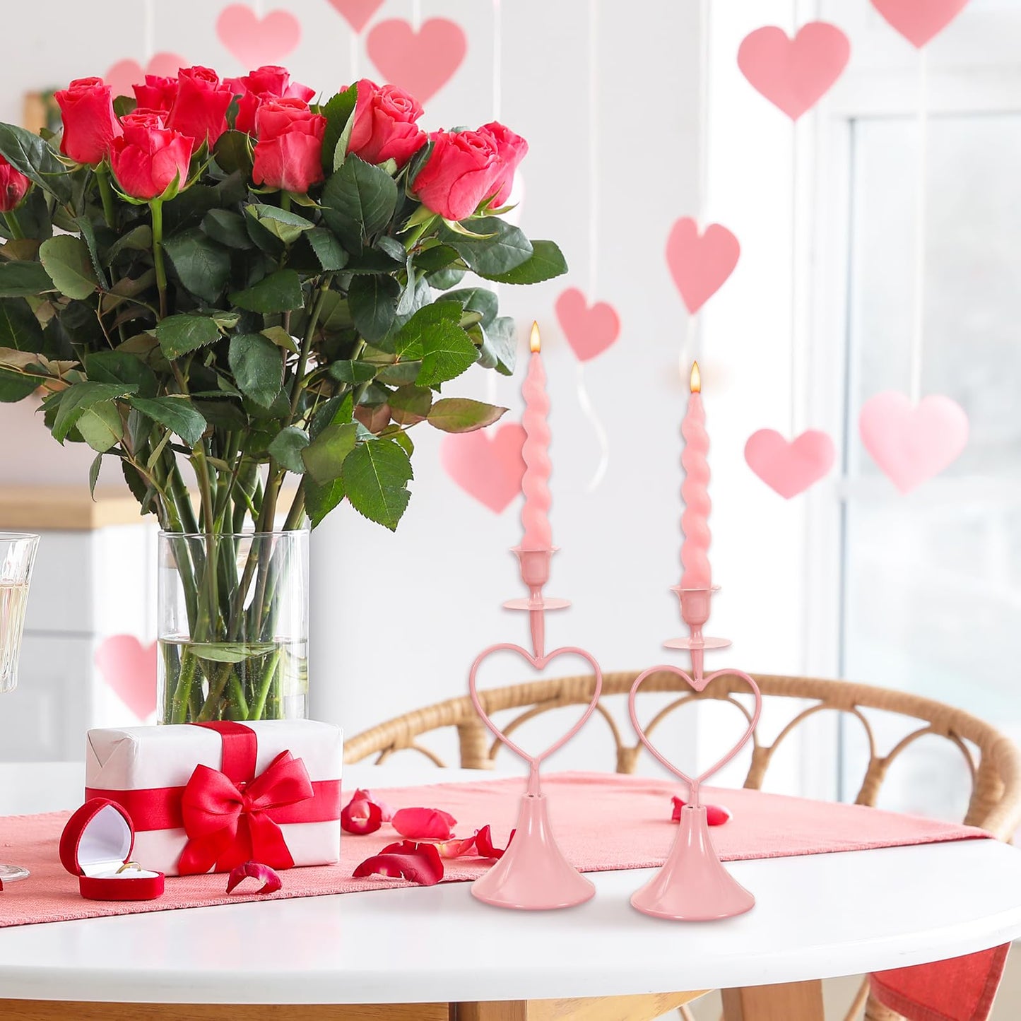 JarThenaAMCS 2Pcs Valentine's Day Taper Candle Holder Pink Heart Tall Metal Candle Stick Holder for Wedding Anniversary Party Table Centerpiece Decoration