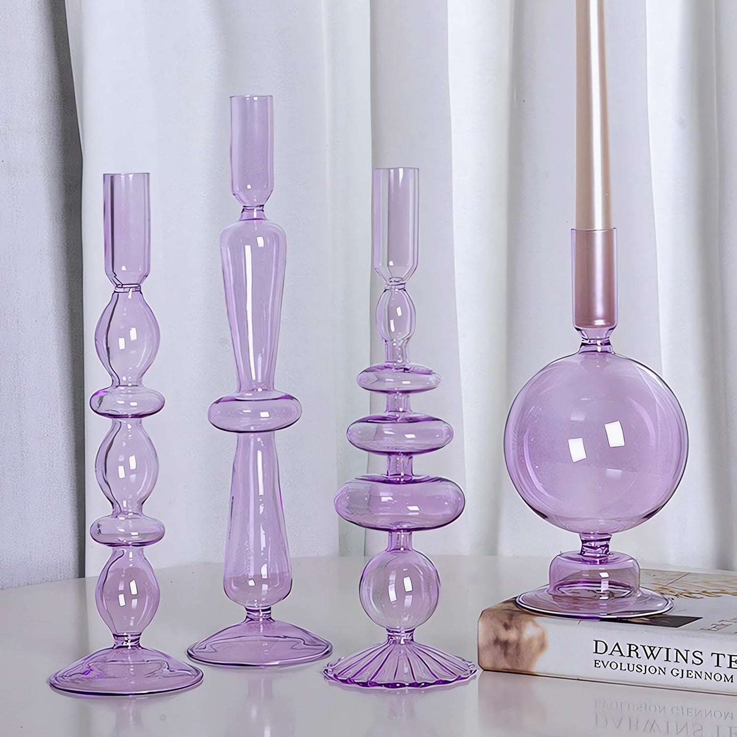 Amanman Candle Stick Candle Holder, Glass Candle Holders for Table Centerpiece, Modern Style Purple Candle Holder Mixed 4pcs