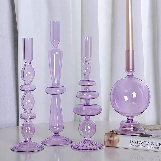 Amanman Candle Stick Candle Holder, Glass Candle Holders for Table Centerpiece, Modern Style Purple Candle Holder Mixed 4pcs