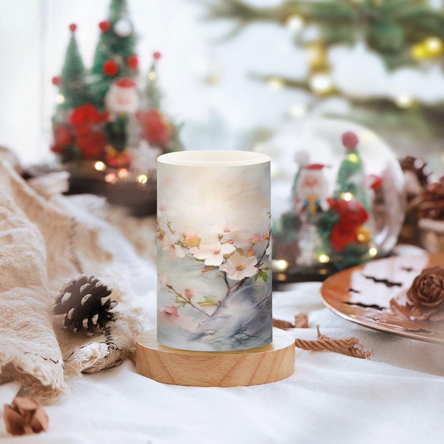 ALAZA Spring Cherry Blossom Flowers Flickering Flameless Candles Battery Operated with Remote Timer,Tea Light Candles LED Pillar Votive Candles Set of 2 for Outdoor Indoor Decorations