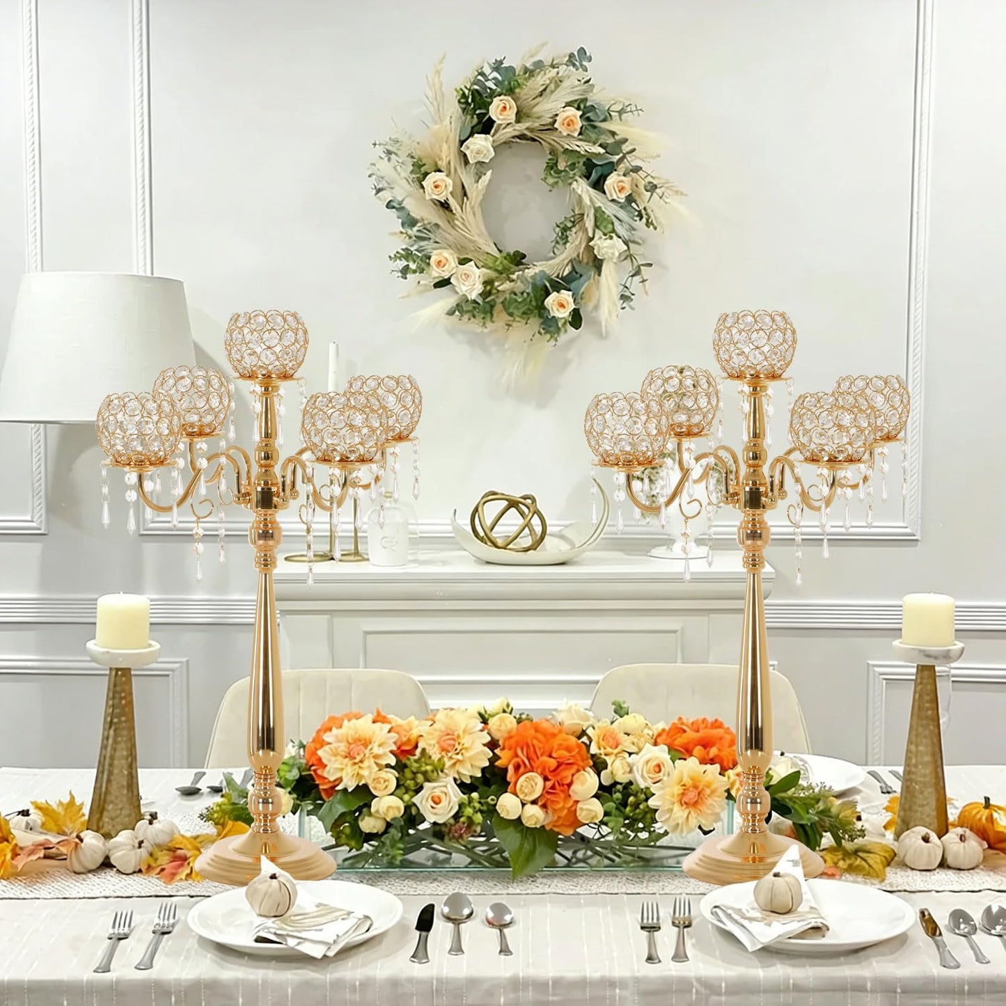4 Packs 5 Arms Crystal Candelabra for Wedding Centerpiece, Gold Floor Candle Holder Set with Chandelier Crystal Beaded Anniversary Dinner Party Table Decor candelabros de mesa Elegantes Palace Themed
