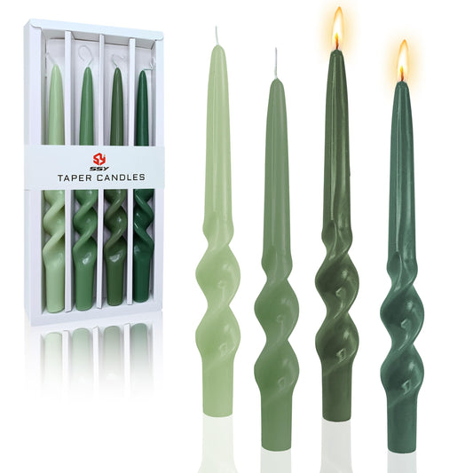 FCMSHAMD Handmade Spiral Taper Candles - Unscented Long Candles Colored Wax Twisted Candle - 10 Inch Candle Sticks for Wedding Dinner Party Decoration - Set of 4(Gradient Green)