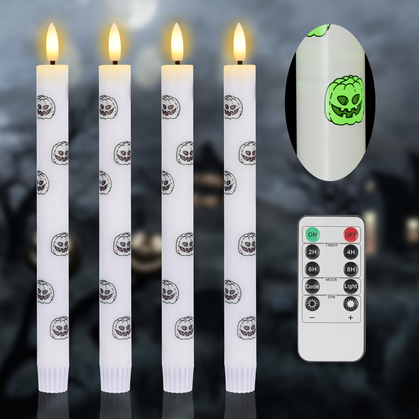 SEHNSY Halloween LED Flameless Taper Candles with Remote and Timer, 4 Pack Battery Operated Real Wax Candles with Glow in The Dark Pumpkin Face Stickers for Halloween Table Party Decor
