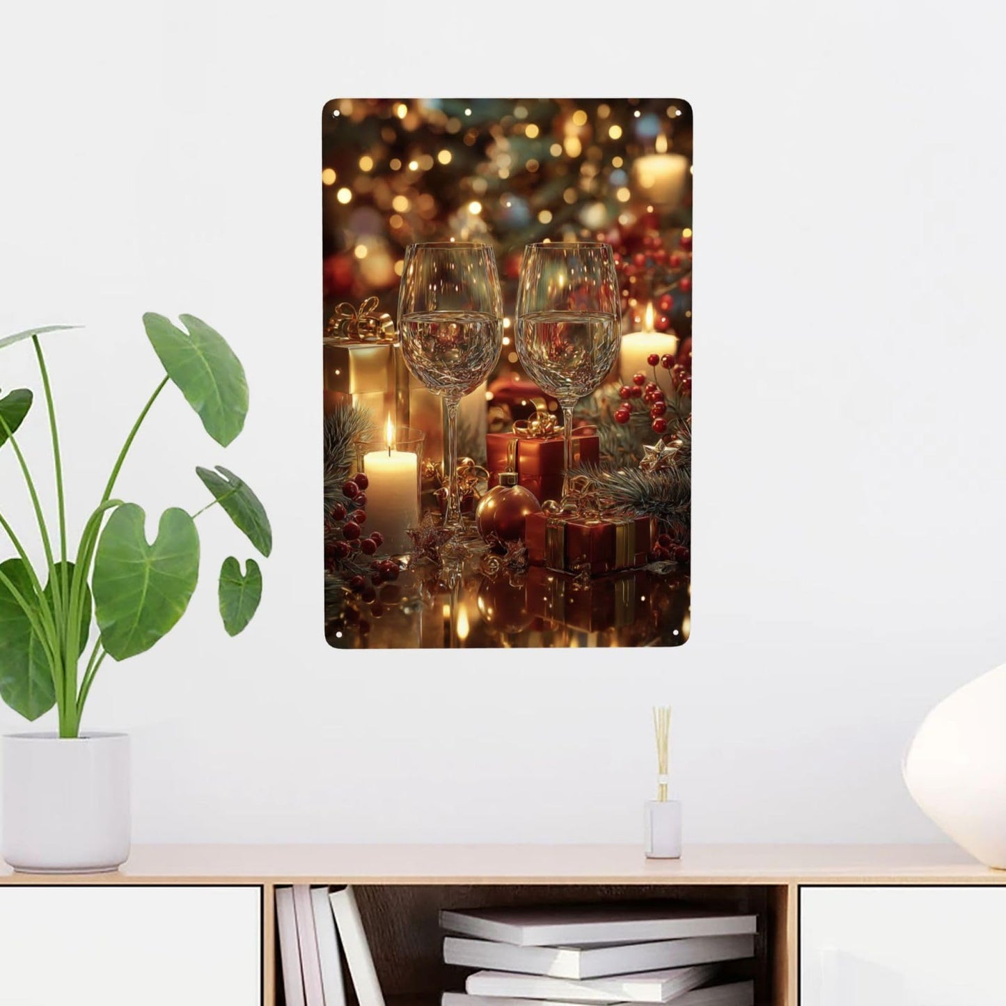 MA6GE8DE Two Wine Glasses With Candles, Gifts, Pine Sprigs And Berries, Warm Bokeh Glow,Metal Tin Plaque Sign, Ideal For Living Room And Bar Club, Gifts For Friends And Family 6x8 Inch