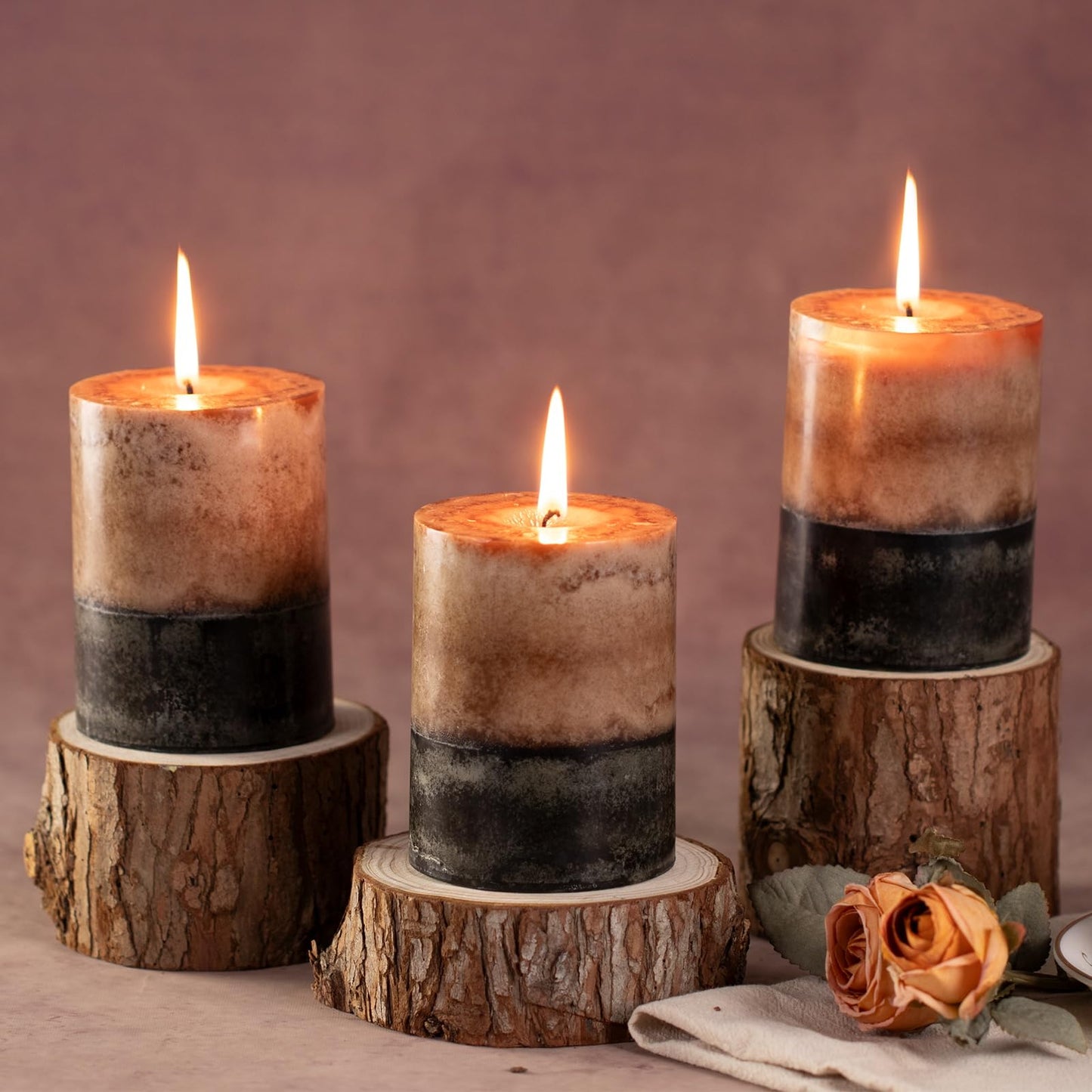 KONNI Coffee Layered Pillar Candles Set of 3, 3"x 4" Unscented Pillar Candles Bulk, 39 Hours Long Burning Candles, Smokeless&Dripless Round Candle for Wedding, Home Decoration, Parties, Spas, Dinner
