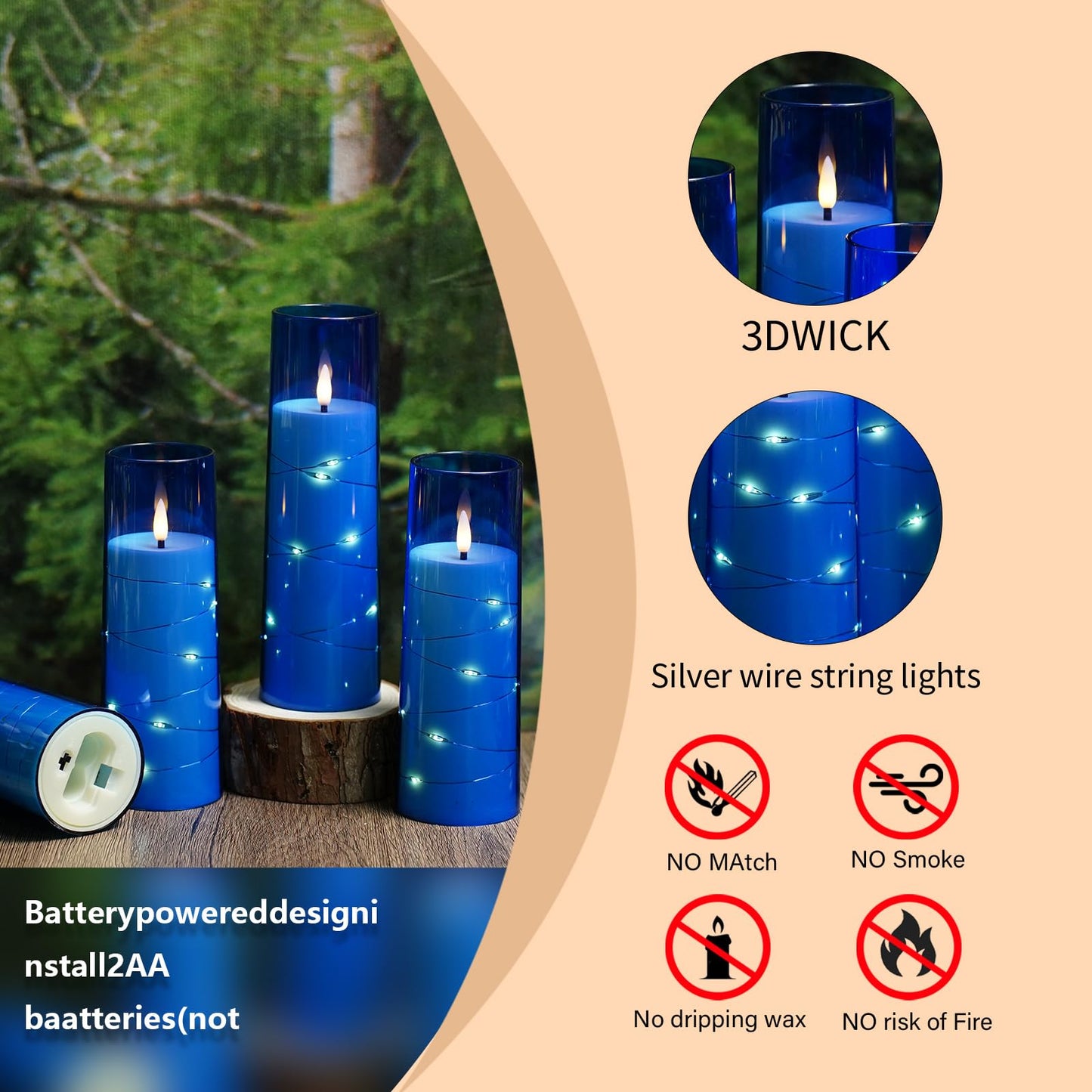 Eebuss Flameless Candles with Embedded Star String, Battery Operated LED Pillar Candles with Timer and Remote Control,Home Decorating for Ambiance， Set of 7 (Blue)