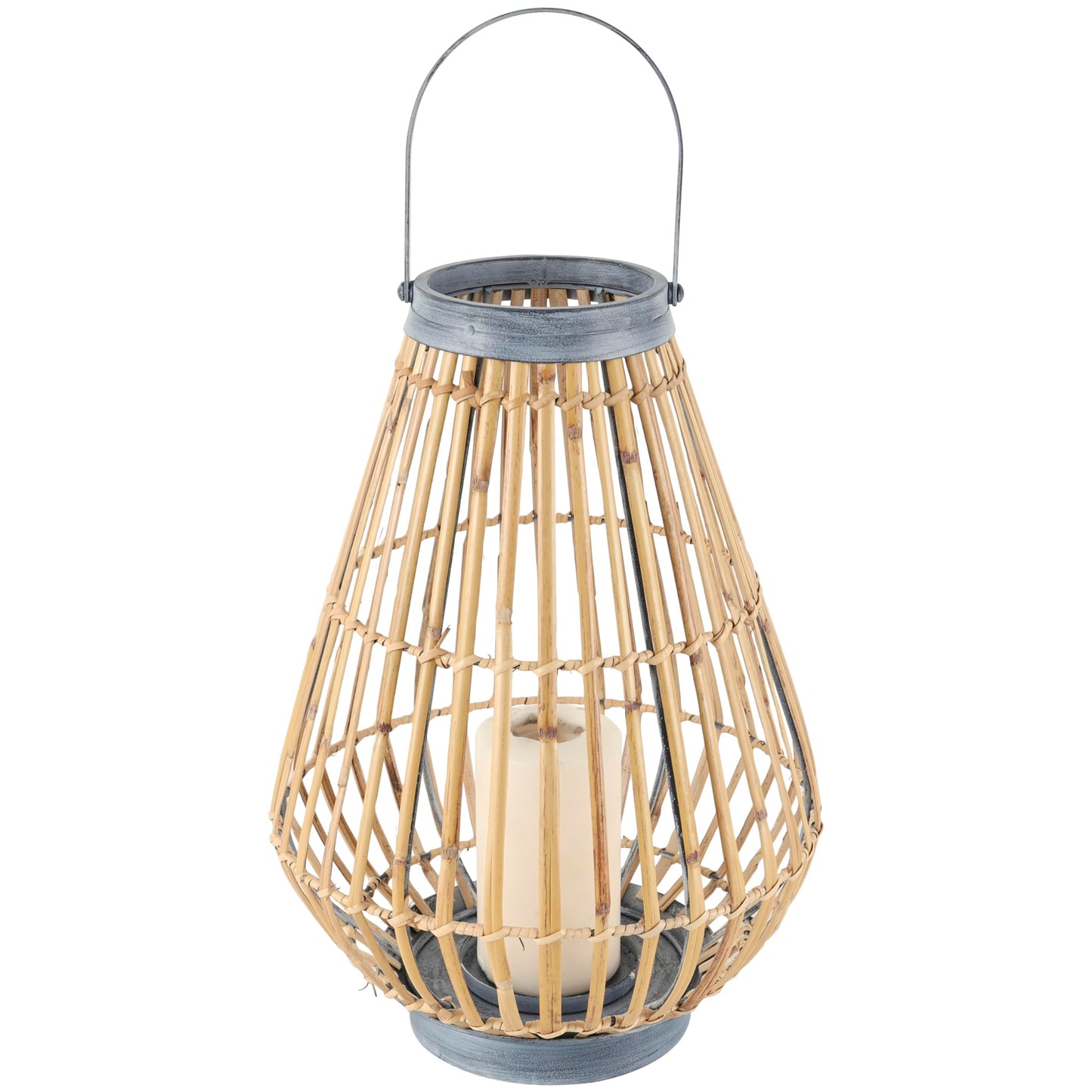 Deco 79 Bamboo Wood Handmade Open Framed Candle Lantern with Blue Metal Accents and Handle, 11" x 11" x 16", Brown