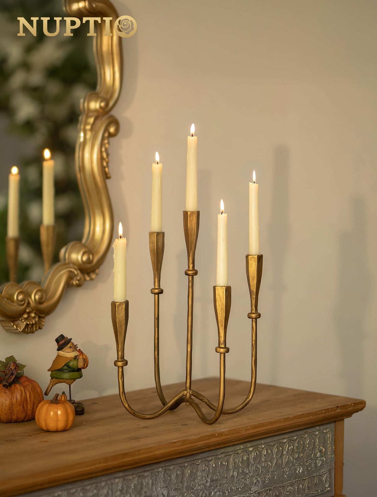 NUPTIO Iron Taper Candle Holders: Gold Tall Candelabra for Candlestick - Antique Brass Candle Stick Holder 5 Arm for Thanksgiving Christmas Fireplace Table Centerpiece
