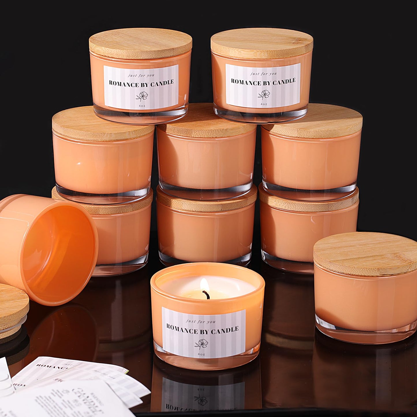 REISEN 12 PCS Orange Candle Jars for Making Candles, 4 OZ Glass Jars with Bamboo Lids and Sticky Warning Labels, Candle Containers for DIY Gifts, Candle Making Supplies