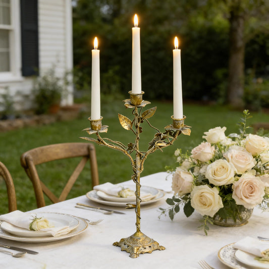 Vintage 3-Arm Metal Candelabra, Distressed Gold Leaf & Floral Design Candle Holder, 14.37" Tall Tabletop Candlestick Stand for Wedding, Dining Table & Home Decor