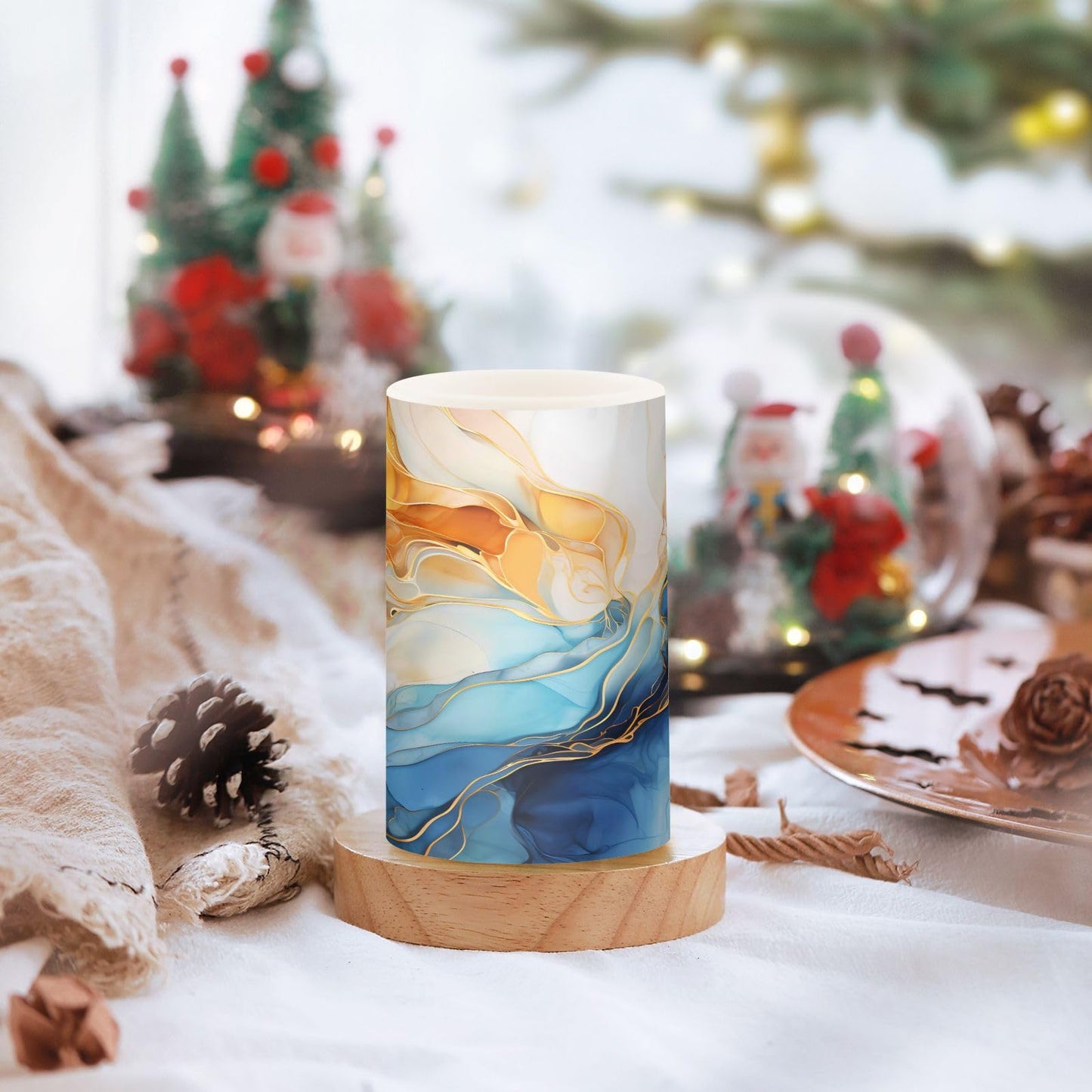 ALAZA Gold Blue Marble Flickering Flameless Candles Battery Operated with Remote Timer,Tea Light Candles LED Pillar Votive Candles Set of 2 for Outdoor Indoor Decorations