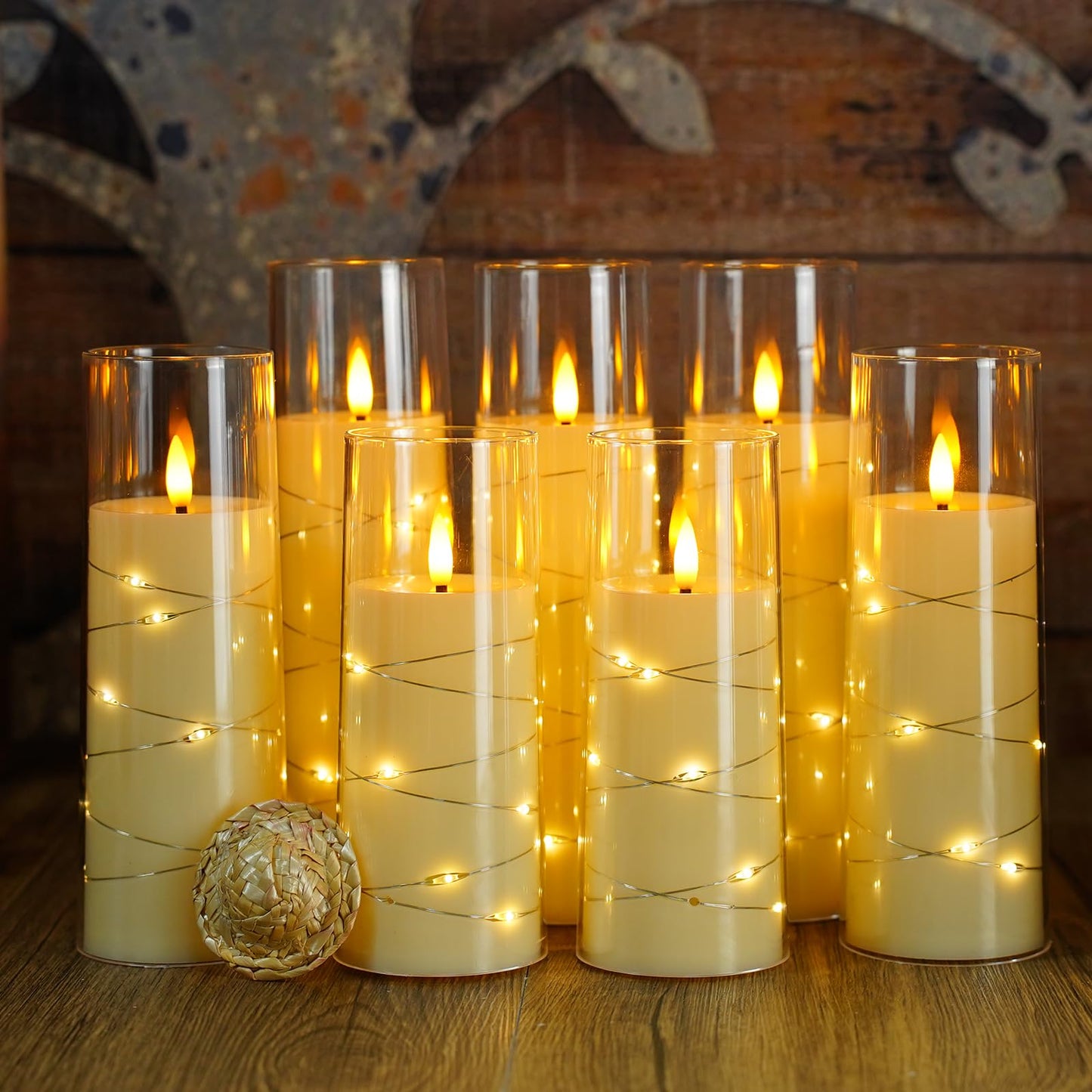 Eebuss Flameless Candles with Embedded Star String, Battery Operated LED Pillar Candles with Timer and Remote Control,Home Decorating for Ambiance， Set of 7(Ivory)