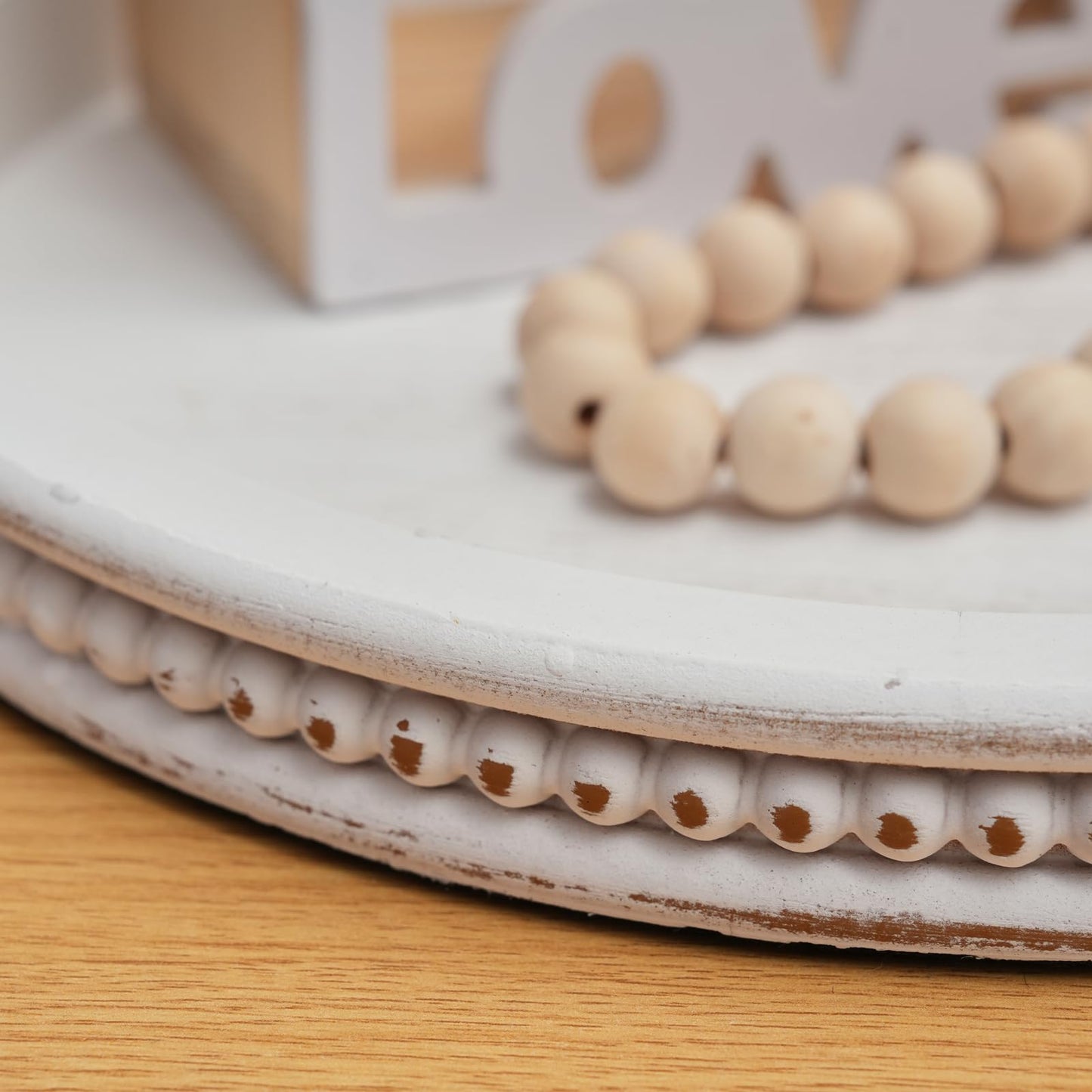 Farmhouse Wood Tray Candle Holder - Romadedi Bead Round Wooden Decorative Tray for Coffee Table Decor Serving Trays Kitchen Counter Rustic Centerpiece for Living Room Home Organizer, White Washed