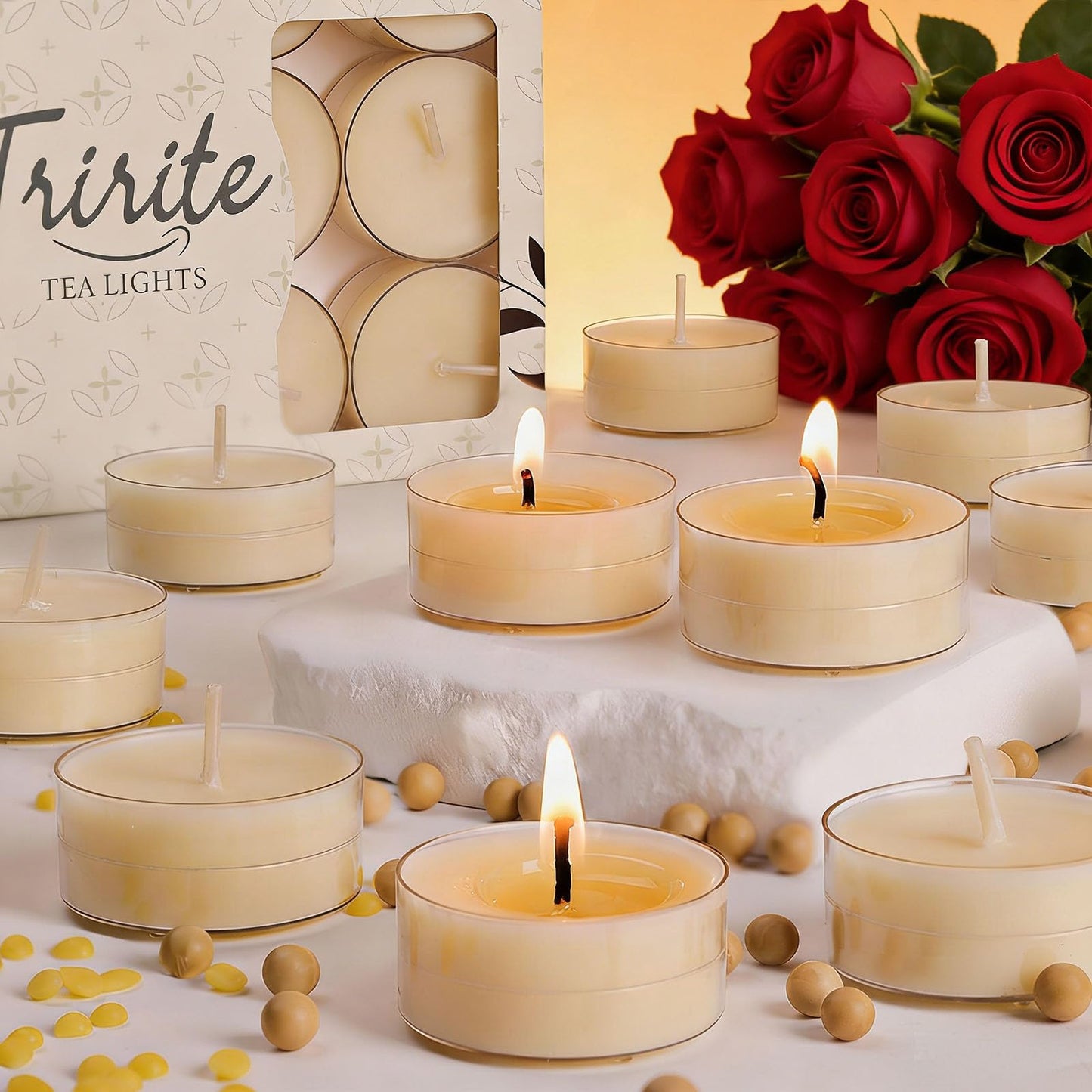 12 Pack Beeswax Tealights Candles, Rose Scented Tea Light Candle, 4 Hours White Tea Scented, Soy & Beeswax Candles with Essential & Natural Oils for Home & Party (Rose)