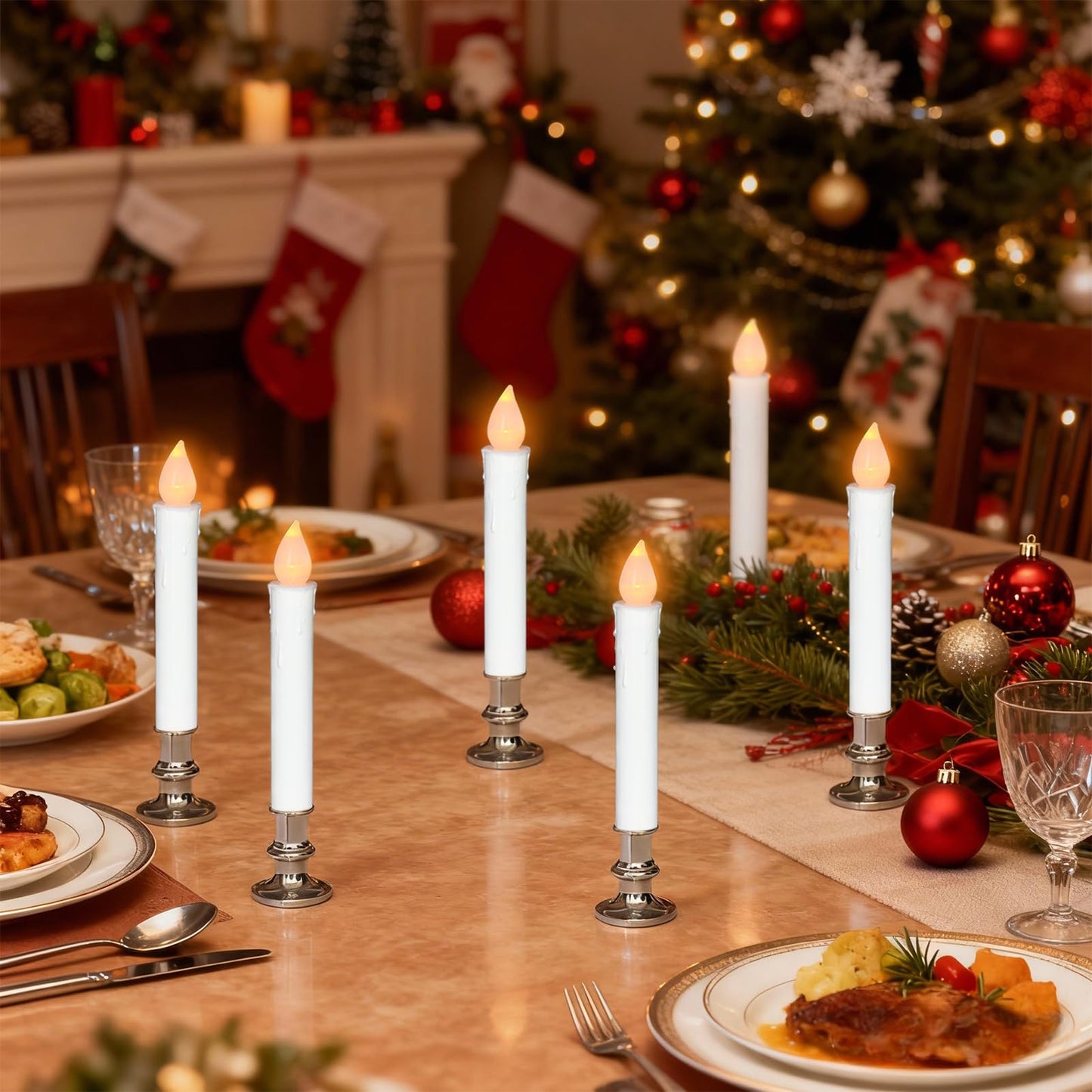 DRomance 9" Flameless Window Taper Candles Battery Operated with 8-Key Remote and Timer, 4 Pack White Christmas Holdiay Window Candles with Silver Holders, Suction Cups and AA Batteries Included