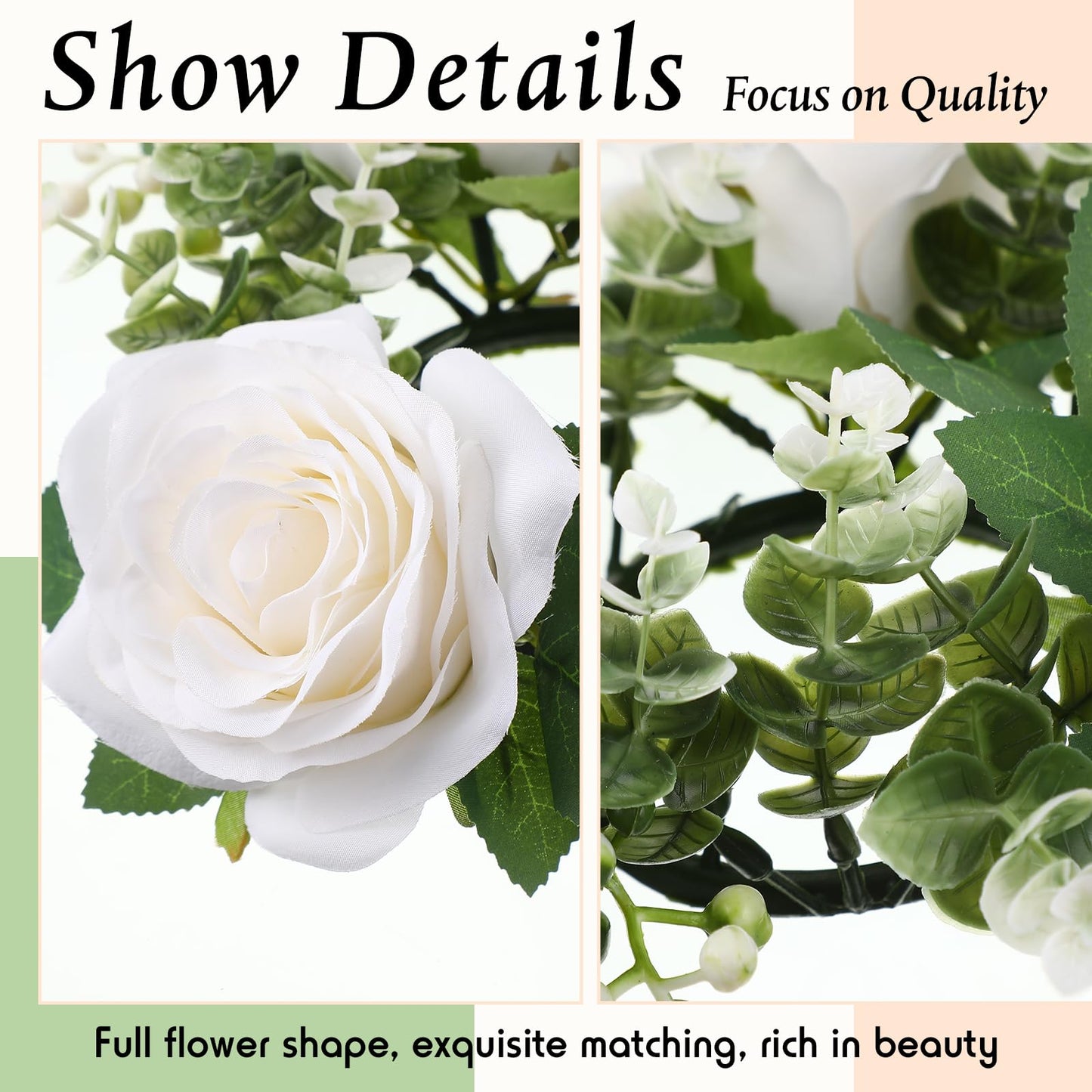 Yunlly 12 Pcs Rose Candle Rings with Flameless Candles Sets, Artificial Flower Eucalyptus Wedding Centerpiece 3 Inch Pillar Candleholders Wreaths for Wedding Party Mother's Day (White)