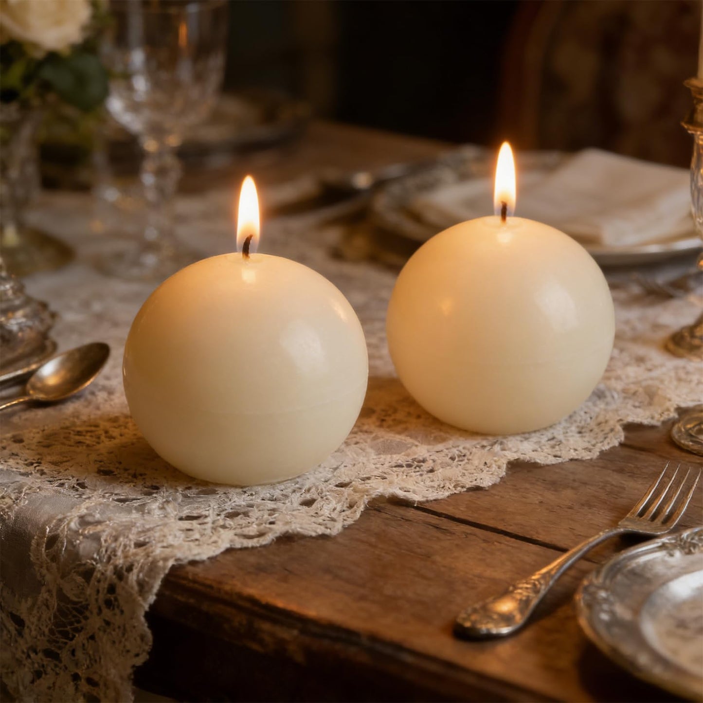 Ivory Ball Pillar Candles Set of 3 – 3" Unscented Round Sphere Candles, Hand-Poured for Weddings, Home Decor & Centerpieces, 40-Hour Dripless Burn