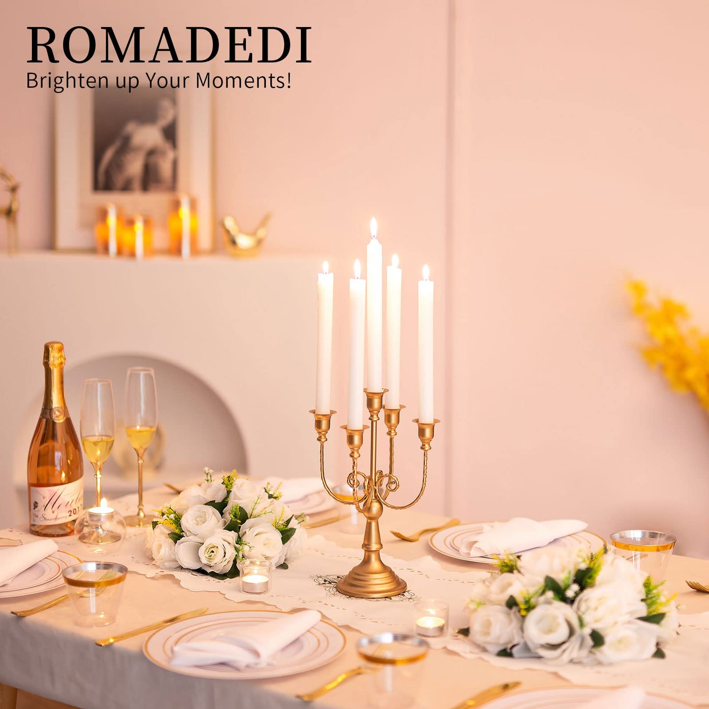 Romadedi Candelabra Gold Candle Holders - 5 Arm 11.8" Wedding Candlestick Holder for Theme Party Table Centerpiece Decor Dining Room Birthday Holiday Christmas, Set of 6