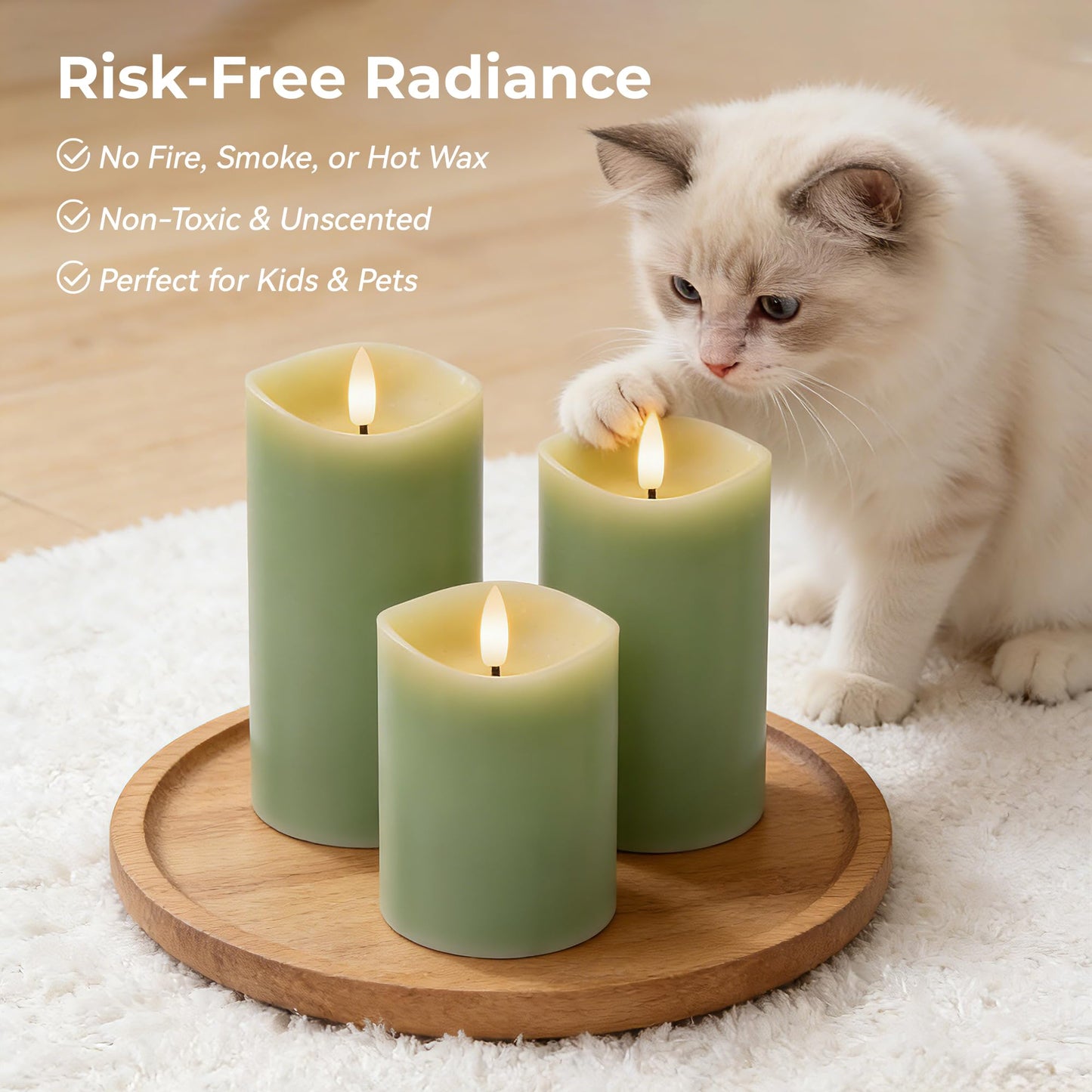 Velsyn Green Flameless Candles with Remote and Timer, Real Wax Made LED Pillar Candles Battery Operated with 3D Flickering Flame Melted Edge, 3" x 4",5",6", Set of 3 (Pastel Green)