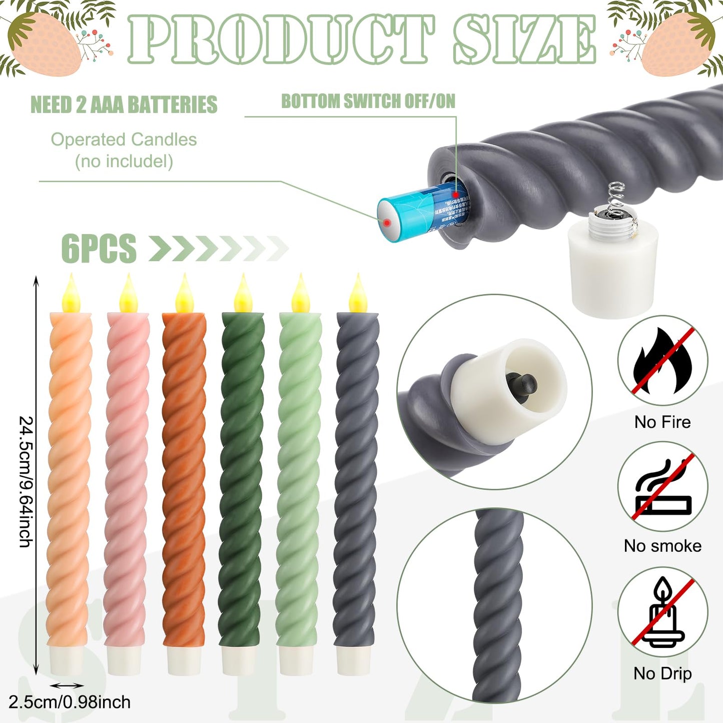 Baquler 6 Pcs Pastel Flameless Taper Candle Twisted 9.65 in Spring Colorful Taper Candles Battery Operated Pastel Spiral Candlestick LED for Wedding Birthday Home Party Holiday Dinner Fireplace