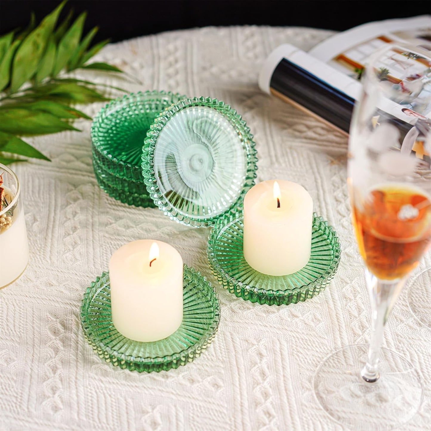 4" Glass Candle Holder,Green Round Crystal Candle Plate,Decorative Glass Pillar Candle Plate,Aromatherapy Candle Pad for Christmas, Birthday, Wedding Table Centerpiece, Set of 6