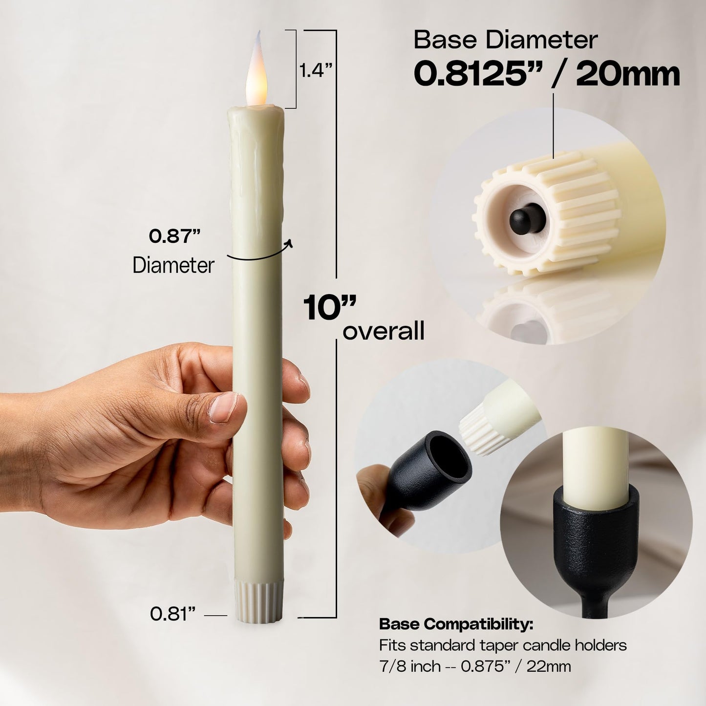 WYZworks 24 Pack, 10" LED Flameless Ivory Real Wax Drip Taper Pillar Candles w/Remote Controller, On/Off Button, Dimmable, Flicker/Static Mode, Battery Operated, Christmas Menorah Home Wedding Décor
