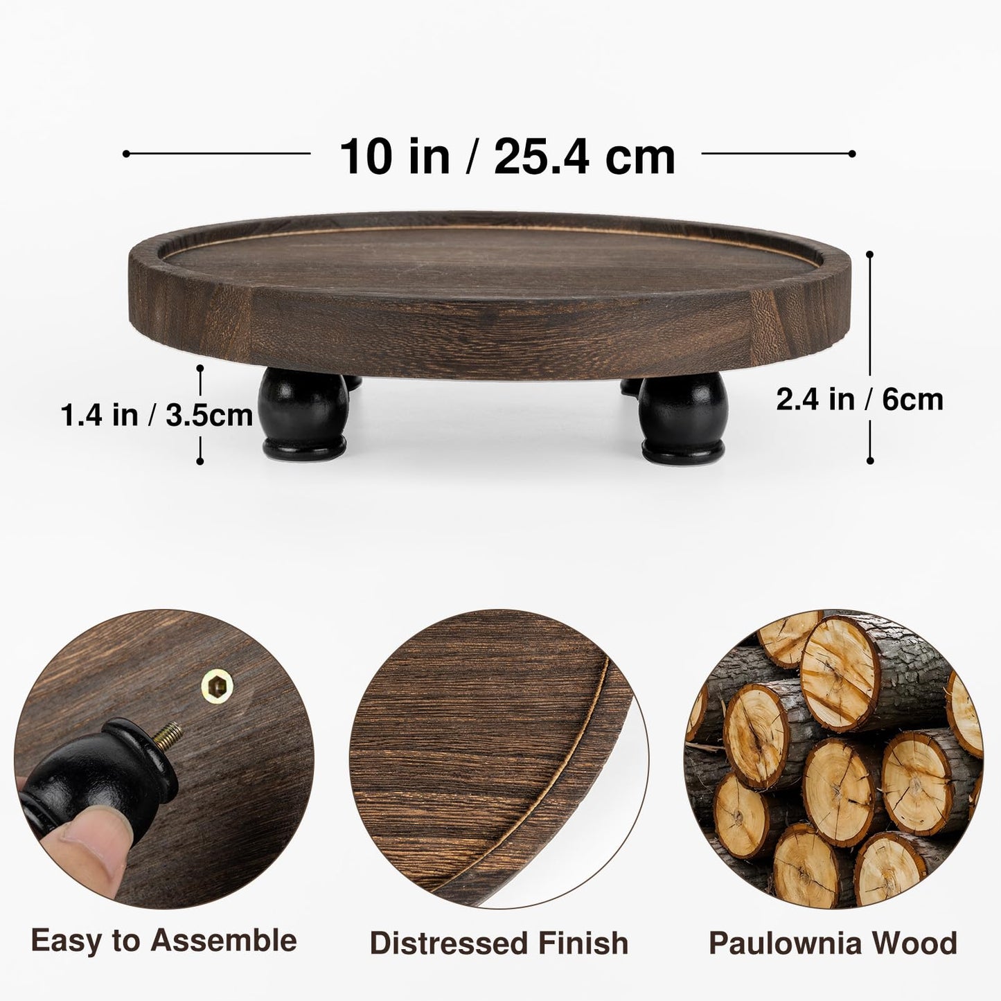 Tikea Farmhouse Wood Display Riser, 10 in. Farmhouse Pedestal Stand for Kitchen Bathroom Counter Decor, Round Display Tray for Soap Dispenser and Plant (Brown)