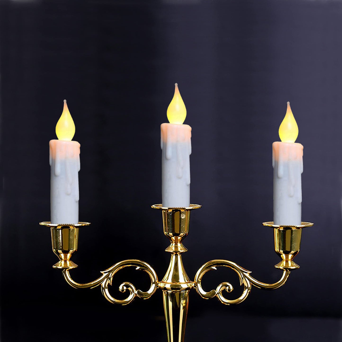 CVHOMEDECO. Flickering Taper Candles LED Drip Flameless Candles, Battery Operated with Timer, White, 4-3/4 Inch, Set of 3