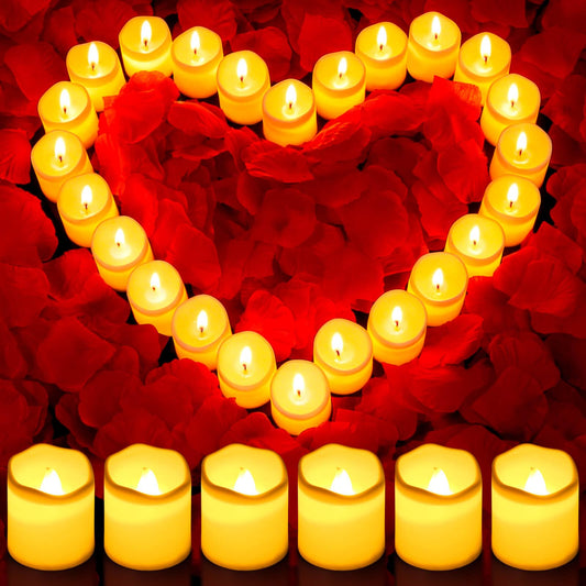 cridoz Rose Petals and Candles Set, 3000 Fake Rose Pedals and 24 Flameless Candles for Romantic Night Decorations