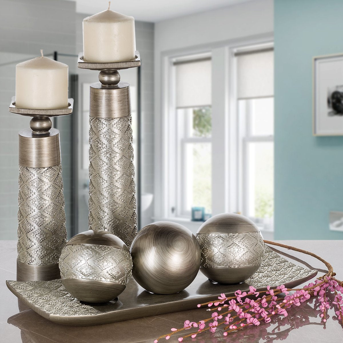 Creative Scents Dublin Silver Decorative Candle Holder Set of 2 - Home Decor Pillar Candle Stand, Coffee Table Mantle Decor centerpieces for Fireplace, Living or Dining Room Table, Gift Boxed