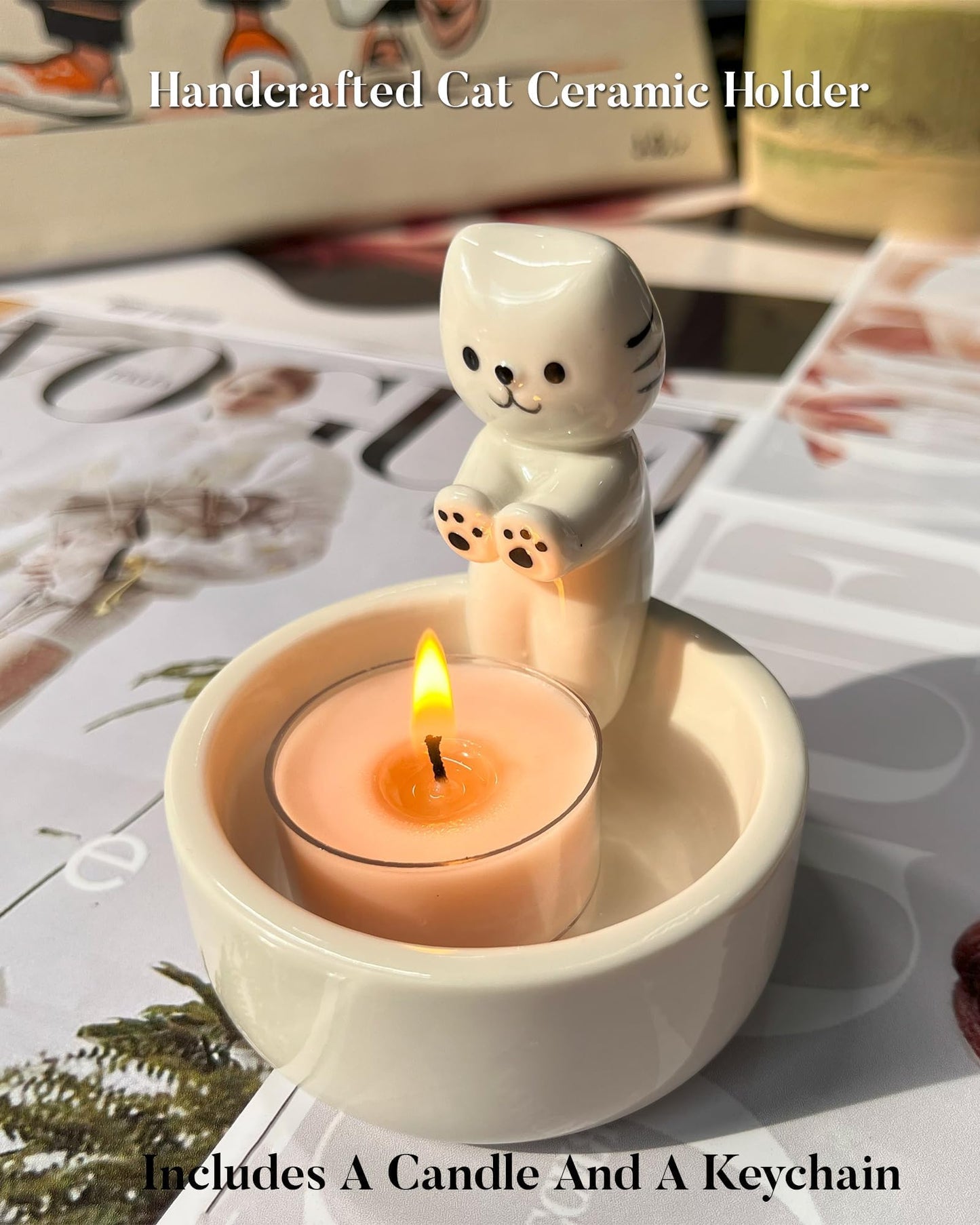 Cat Candle Holder, Cute Cartoon Kitten Scented Candles Candle Lamp, Handmade Ceramic Candlestick,Cartoon Cute Scented Candle Sticks Holder Decor, Gift for Cat Lover - Aromatherapy Candle Included