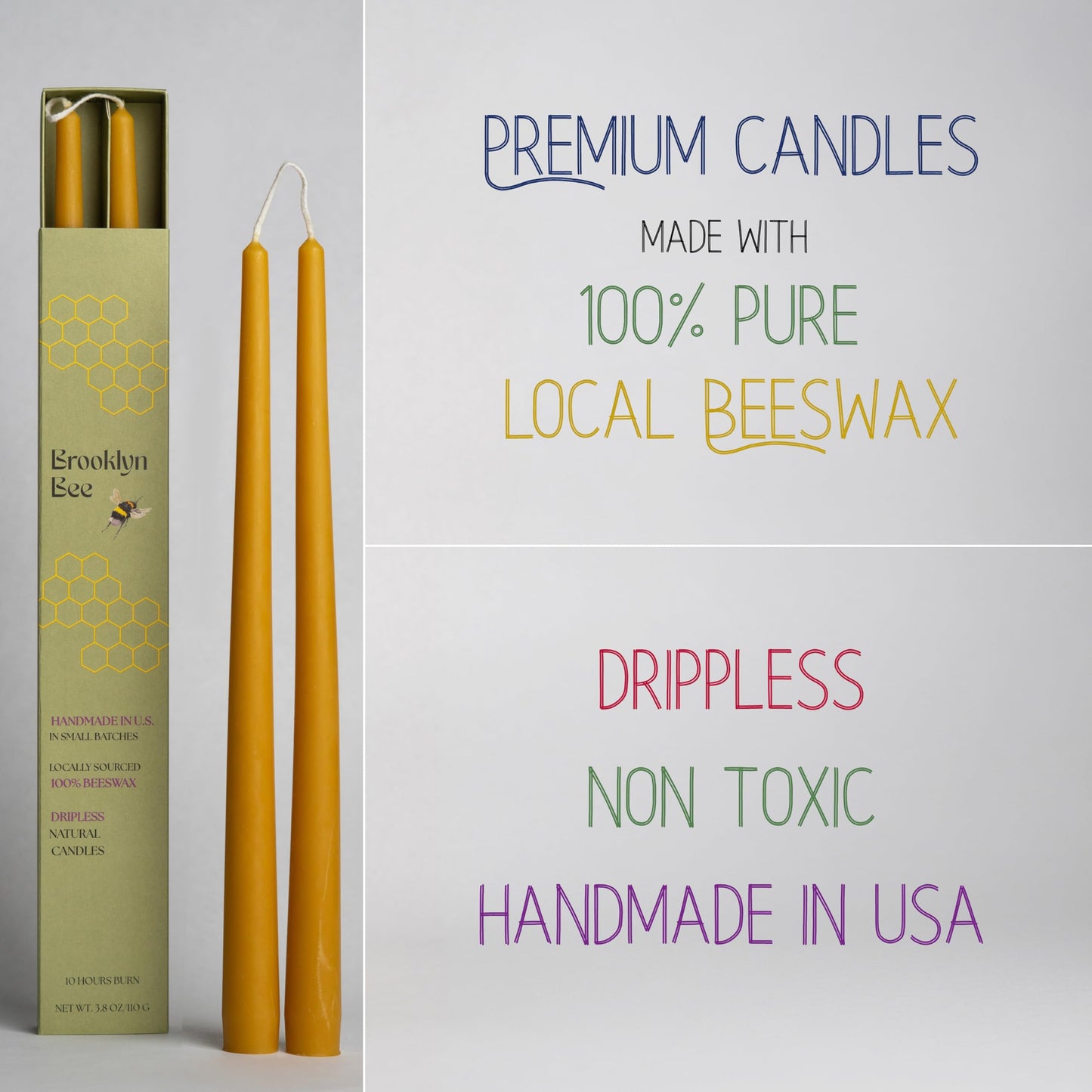 Premium 100% Pure Beeswax Taper Candles – Handmade in USA – Dripless, Non Toxic, 10+ Hour Burn – 11.5 in (Set of 2) – Made with Locally Sourced Beeswax