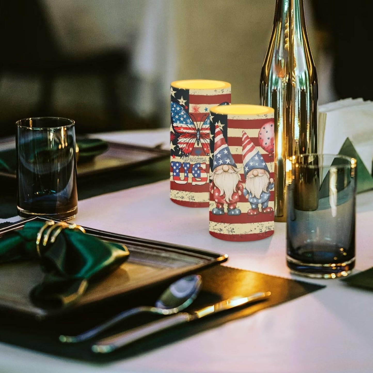 NETILGEN 2 Pcs Flameless Candles with Battery Powered Pillar Candles with Timer Remote American Flag Butterfly Gnome Print July 4th Patriotis USA Flag Memorial Day Decor