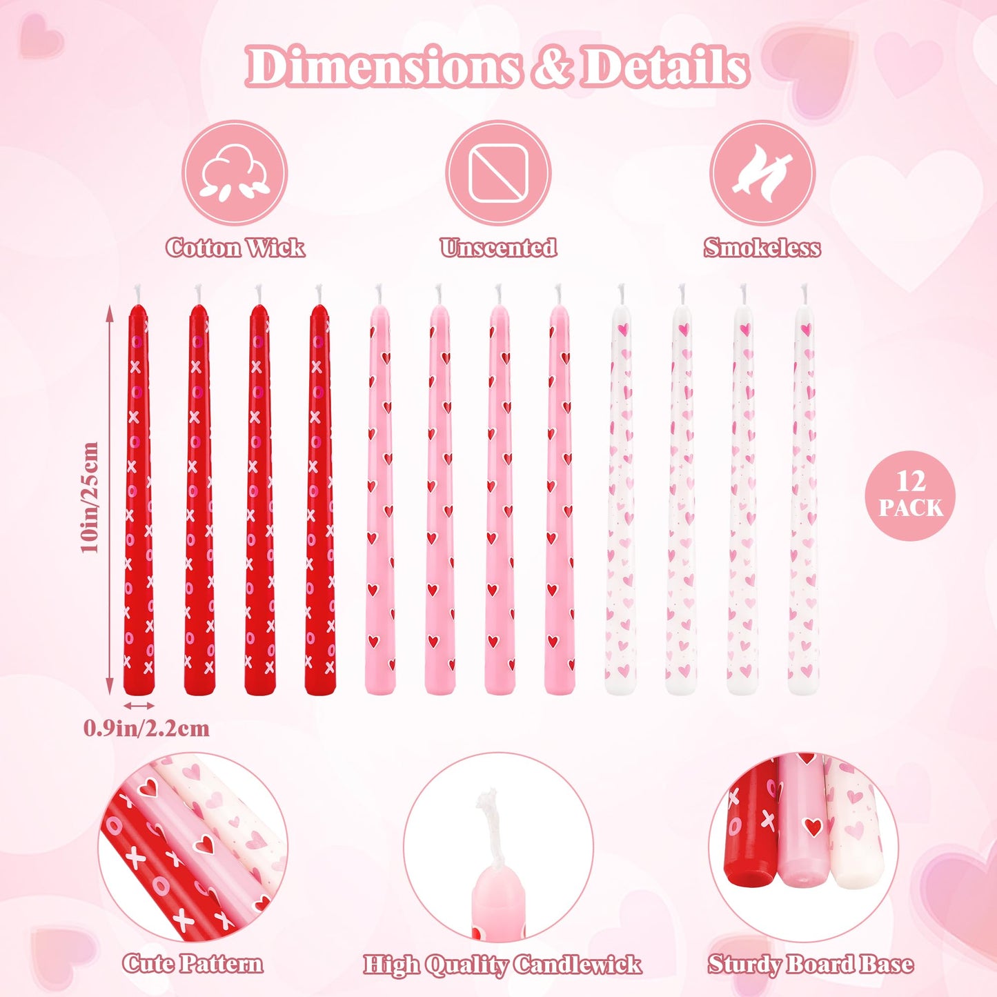 12 Pcs Valentine's Day Taper Candles 10 Inch Heart Shaped Candles with 3 Style Red Pink White Decorative Candle Sticks for Valentine Wedding Anniversary Dinner Table Home Decor