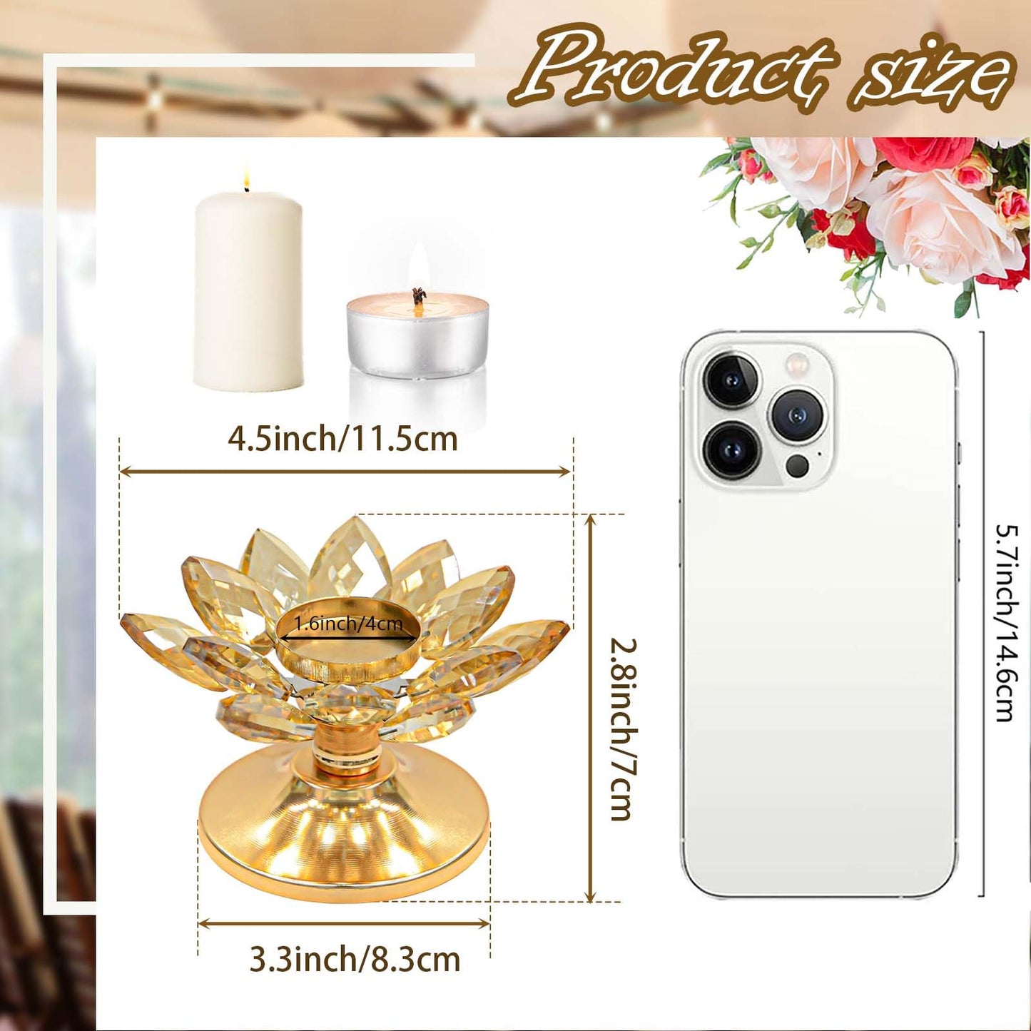 1 PC Gold Crystal Flower Tea Light Holder, Glass Tealight Candlestick with Metal Base, Votive Candle for Table Centerpiece, Wedding/Parties Decor, Nice Gift