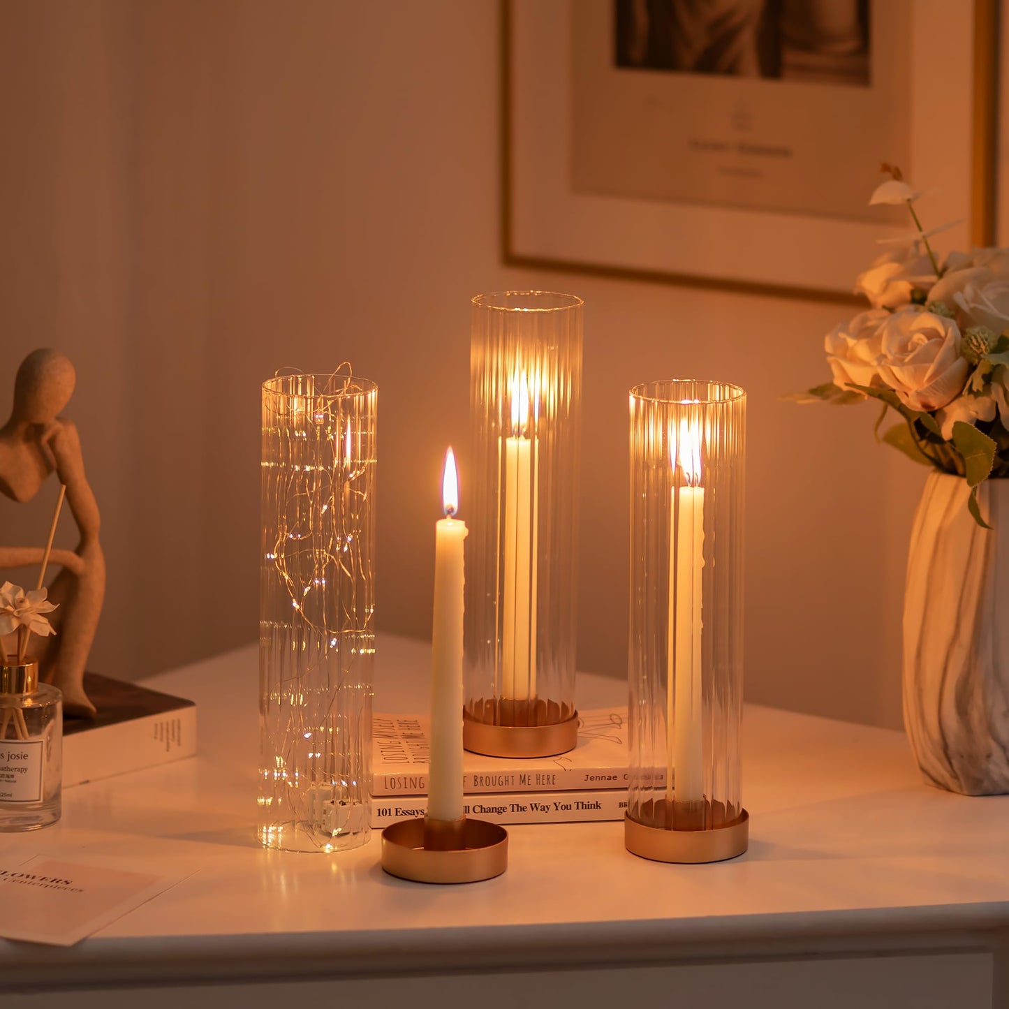 Hewory Hurricane Glass Candle Holders: Set of 8 Gold Candlestick Holders with 11" Tall Clear Cylinder Hurricane Cover, Taper Candle Holder for Wedding Table Centerpiece Party Christmas Home Decor