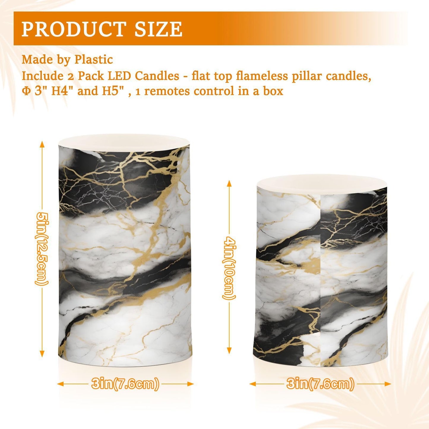 BOENLE Flickering Flameless Candles, Golden White Black Marble LED Candles with Remote Timer, Set of 2 Battery Operated Candle for Valentine Wedding Birthday