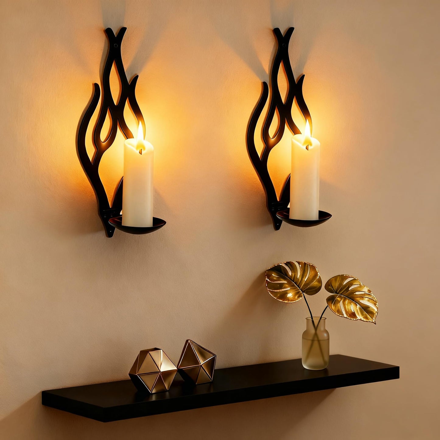 ZYIDBNG Wall Candle Sconces Set of 2, Modern Minimalist Metal Candle Holders for Pillar, Tealight, and LED Candles, Flame-Shaped Decorative Wall Decor for Living Room Dining Room (Black)