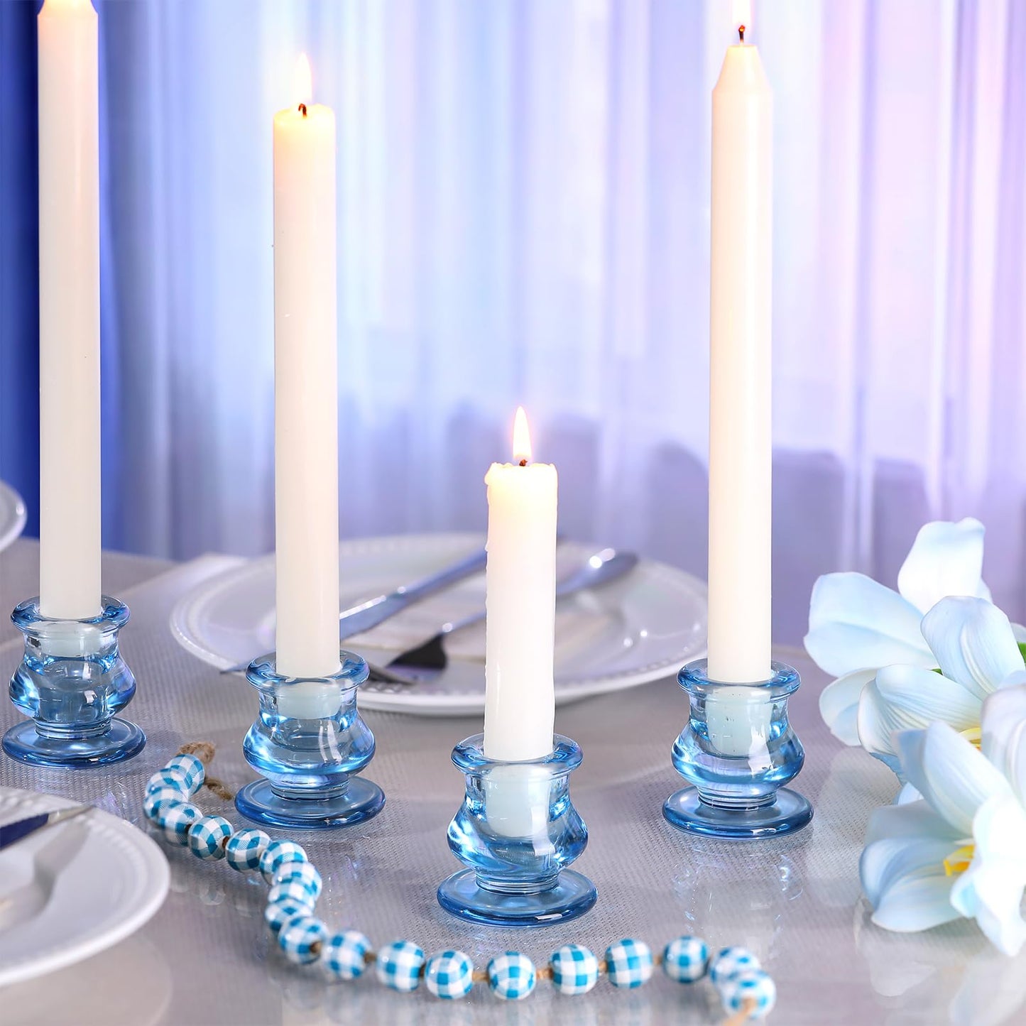 NITIME 12pcs Blue Candlestick Holders, Blue Glass Candle Holders for Pillar Candles, Taper Candle and Tealight Candles, Taper Candle Holders for Wedding, Table Centerpiece