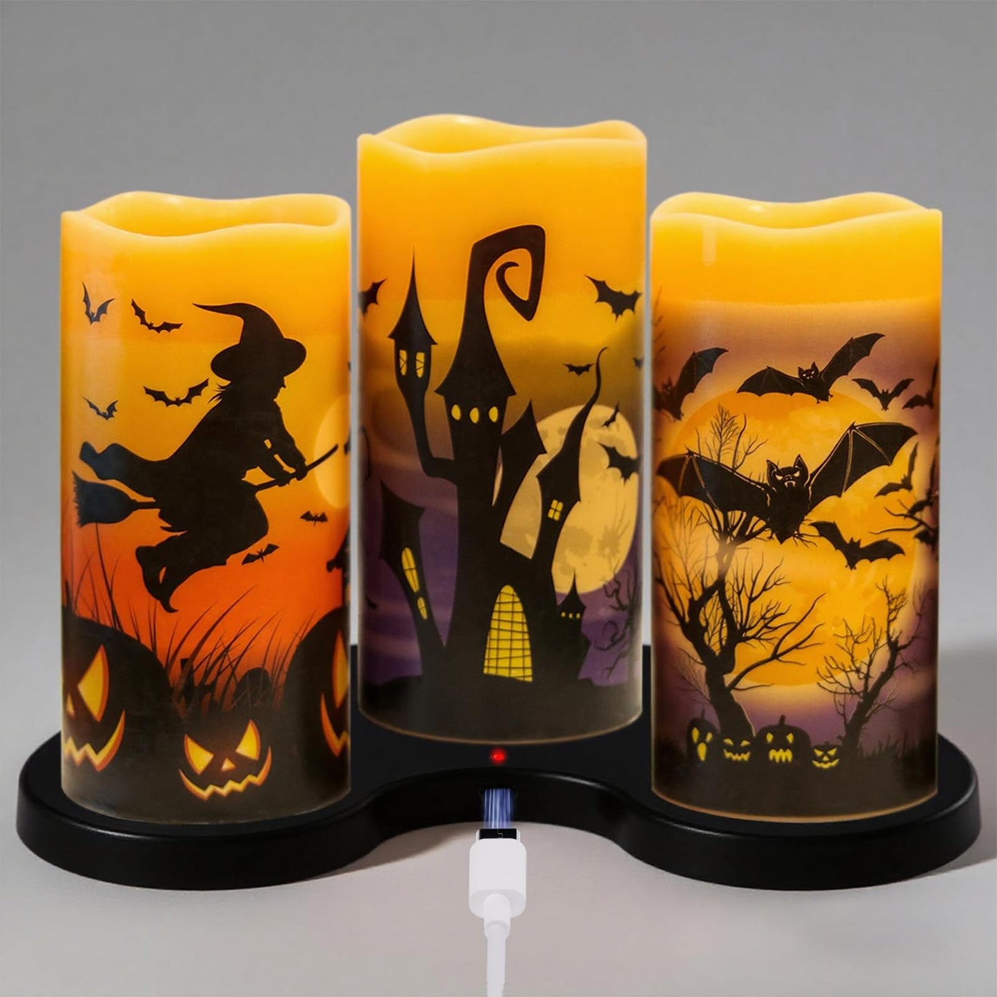 DRomance Rechargeable Halloween Flameless Candles Battery Operated with 6 Hour Timer Real Wax Flickering LED Pillar Candles Bats Witch Pumpkin Dinner Halloween Indoor Deocration(3 Pack, 3" D x 6" H)