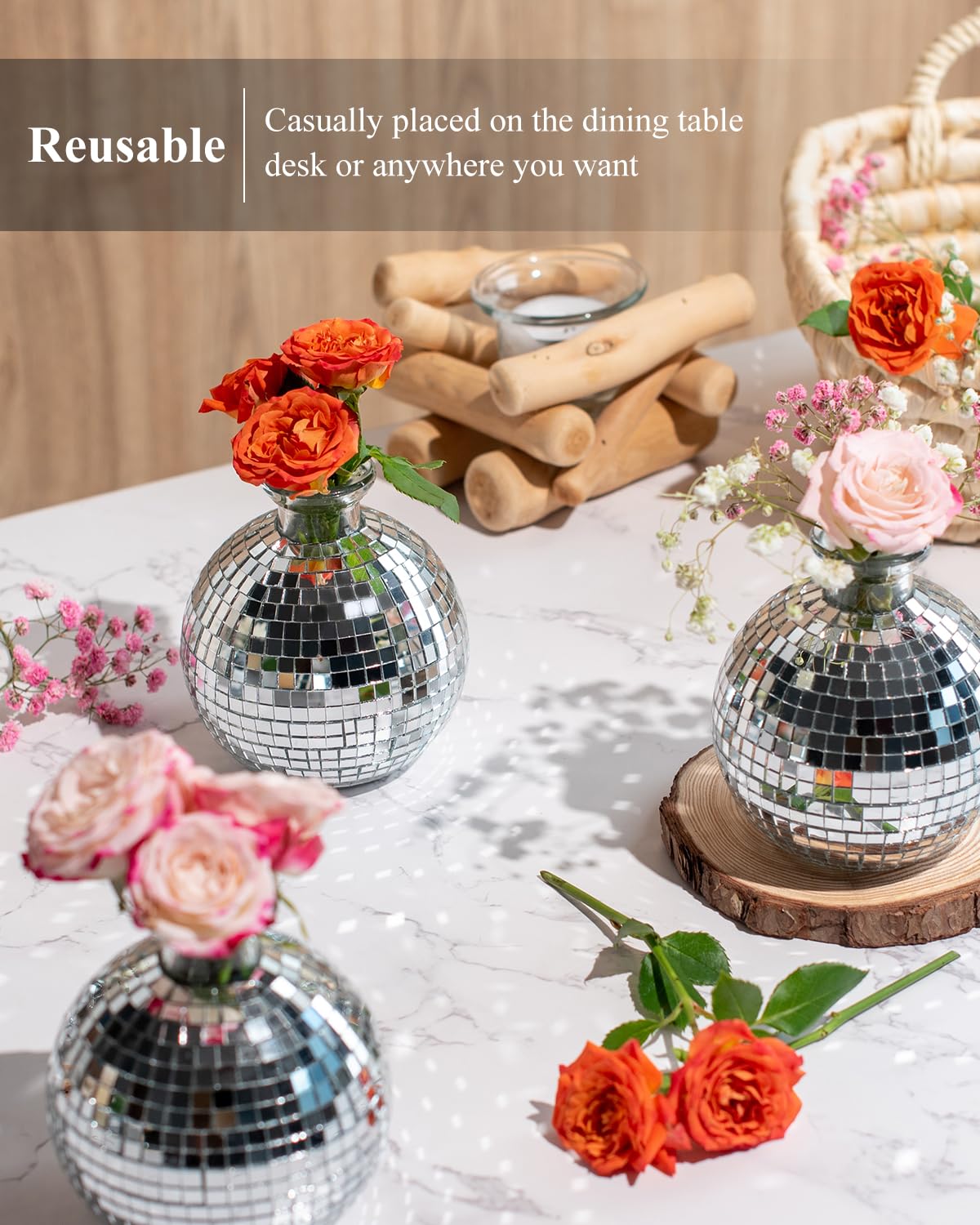 RGBDOT Disco Ball Vase for Centerpieces Disco Ball Planter for Flowers Silver Mirror Glass Disco Ball Decor for Table, Party, Wedding, Birthday, Home, or Bedroom(3.5" X 4")