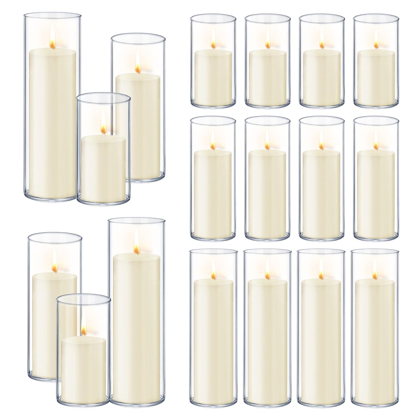 36 PCS Ivory White Pillar Candles with Glass Candle Holders Clear Hurricane Candle Holders Glass Cylinder Vases for Centerpieces Wedding Party, Event, Home Office (18 Candles+18 Candle Hoders)