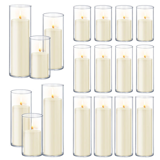 36 PCS Ivory White Pillar Candles with Glass Candle Holders Clear Hurricane Candle Holders Glass Cylinder Vases for Centerpieces Wedding Party, Event, Home Office (18 Candles+18 Candle Hoders)