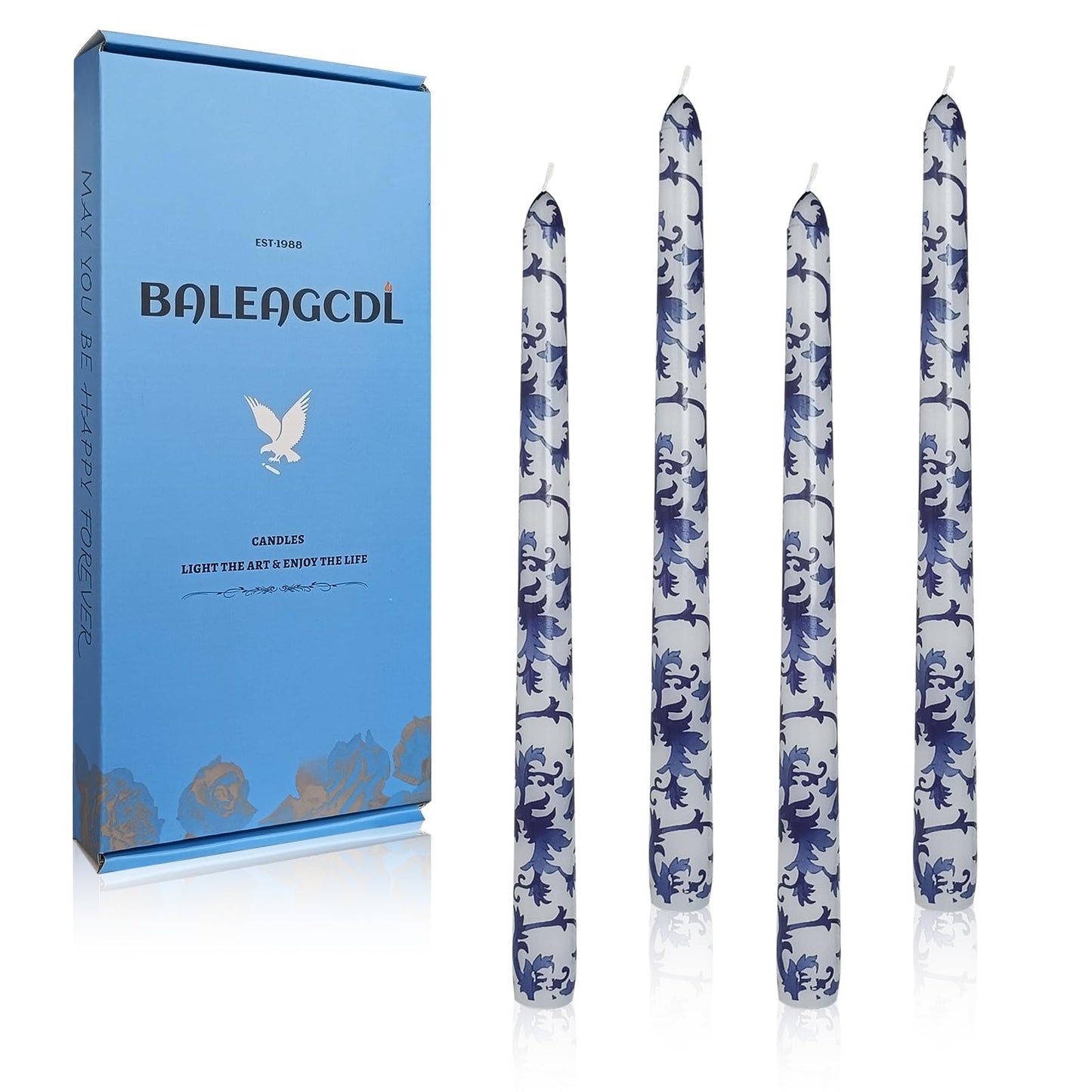 Unscented Floral Taper Candle Spiral Candlesticks - Set of 4 Handmade Blue and White 10 Inch Long Candle Sticks Print Tapered Candles for Home Wedding Dinner Gifts