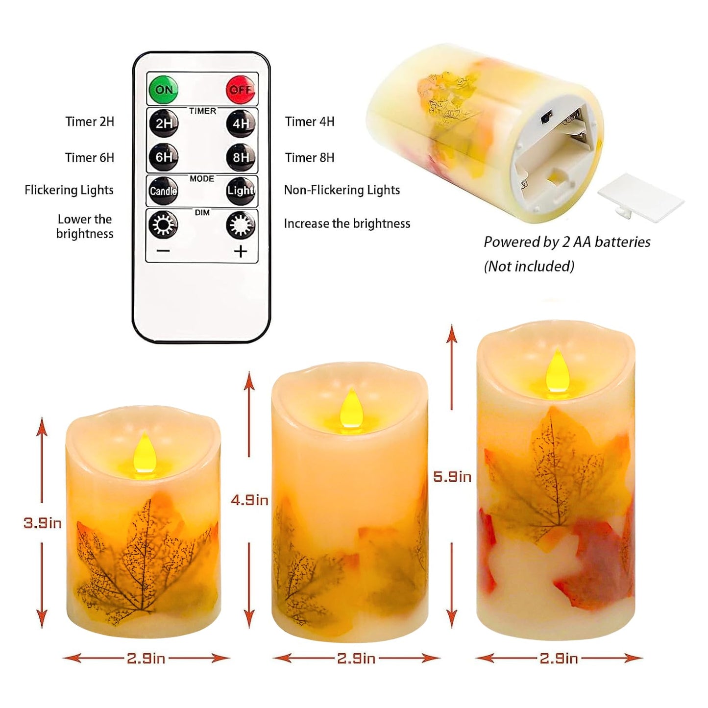 Flameless Candles Lights,Set of 3 Maple Leaf Flickering LED Candles with Remote & Timer, Dimmable LED Pillar Candles Battery Operated, Electric Candles for Thanksgiving Halloween Fall Harvest Decor