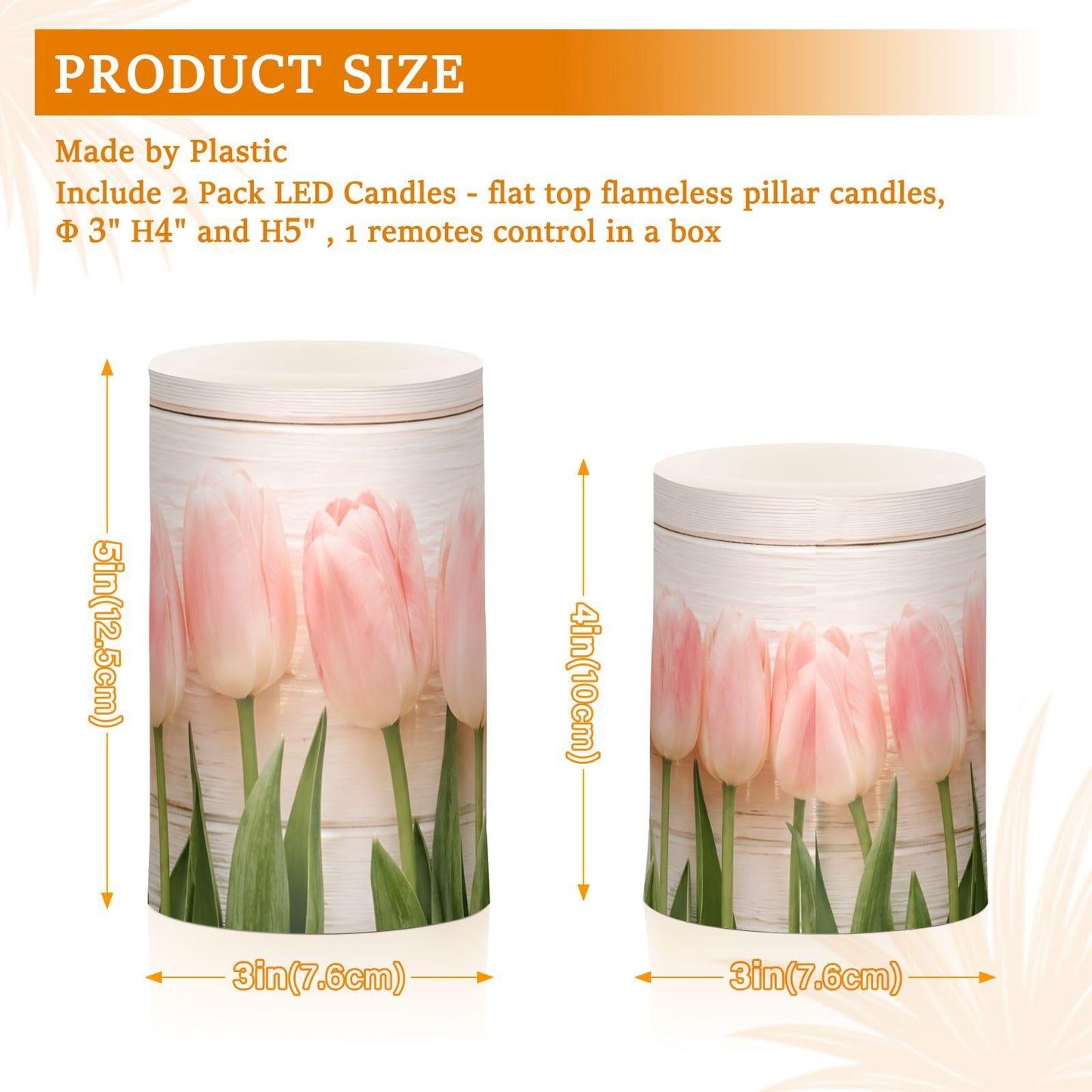 Lights Flameless Candles Spring Pink Tulip Flower Pillar Candles Set of 2 Battery Operated Remote Control Warm Lights Home Decor