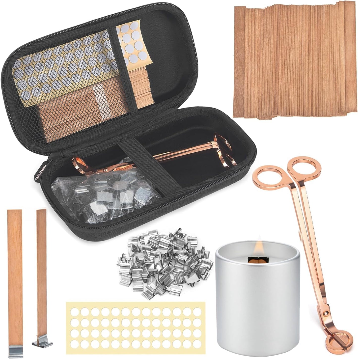 Wood Wicks for Candles Making with Case, Wooden Wicks for Candlemaking 5.1 X 0.5 Inch Smokeless Long Lasting Flame Natural Wood Candle Wick with Candle Wick Trimmer, Metal Base for DIY Candle(50 Sets)