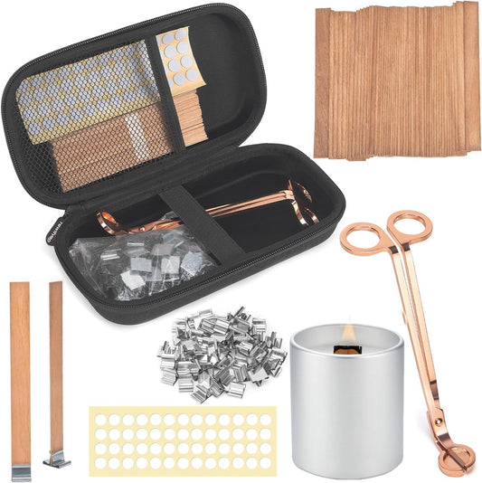 Wood Wicks for Candles Making with Case, Wooden Wicks for Candlemaking 5.1 X 0.5 Inch Smokeless Long Lasting Flame Natural Wood Candle Wick with Candle Wick Trimmer, Metal Base for DIY Candle(50 Sets)