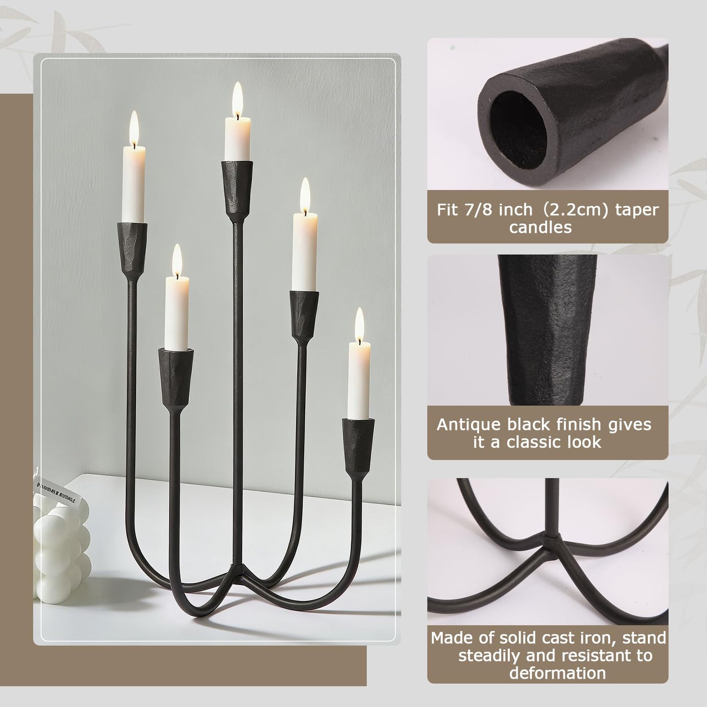 Mofunci Cast Iron 5-Candle Candelabra Centerpieces for Tables, Black Candle Holders Wedding Event 17.6 inch Tall Hand-Forged Candlestick Holders for Dining Room, Living Room or Mantel