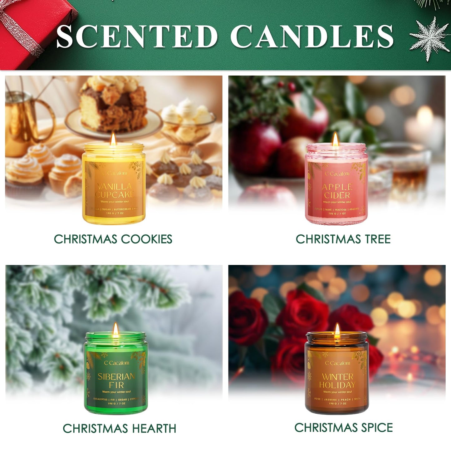 Winter Scented Candles, Holiday Candles for Home, Aromatherapy Soy Candles Gifts Set for Women Men, Vanilla/Fir/Apple Cider/Winter Holiday